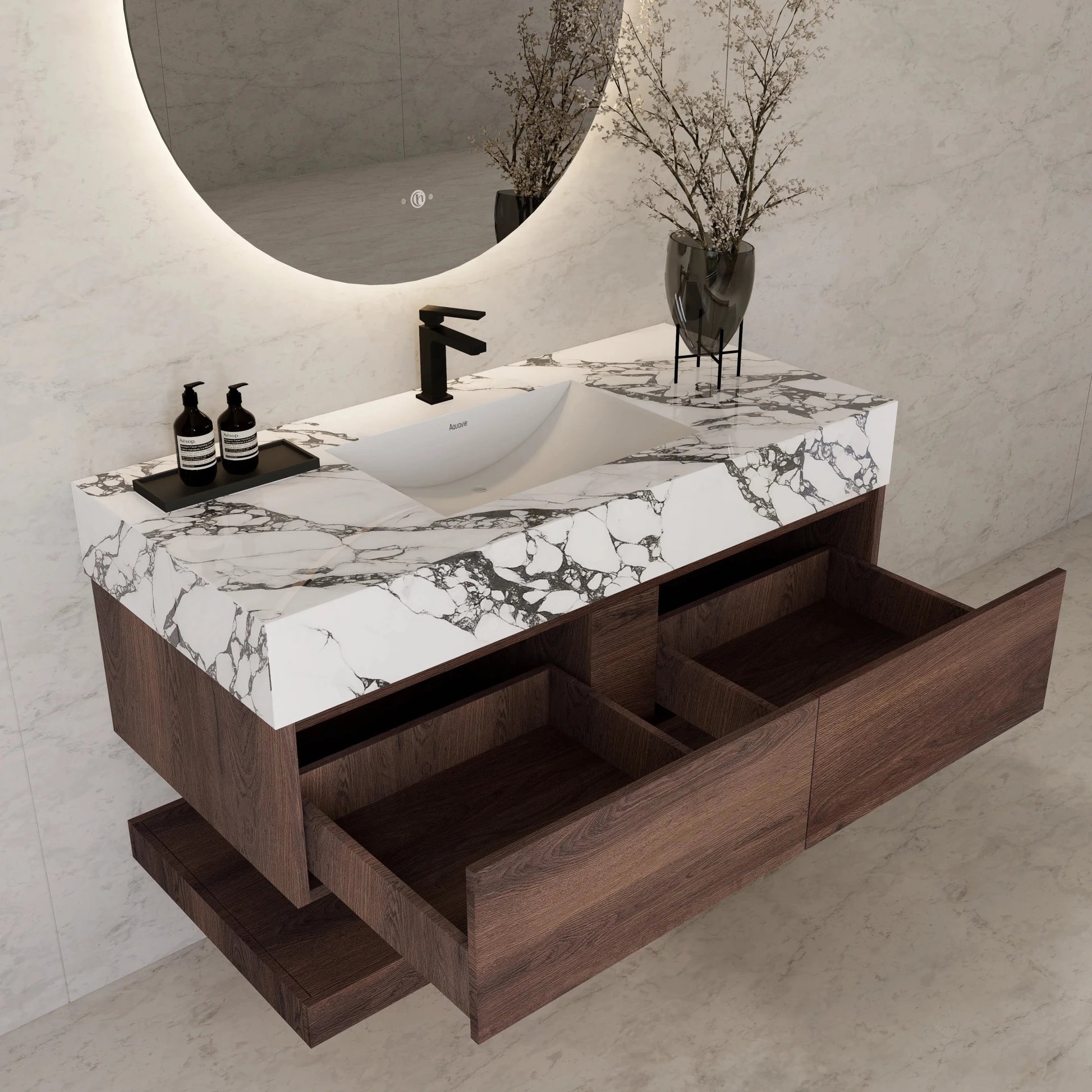 48"/ 60" Walnut Open Shelf Floating Bathroom Vanity - Vanity48"