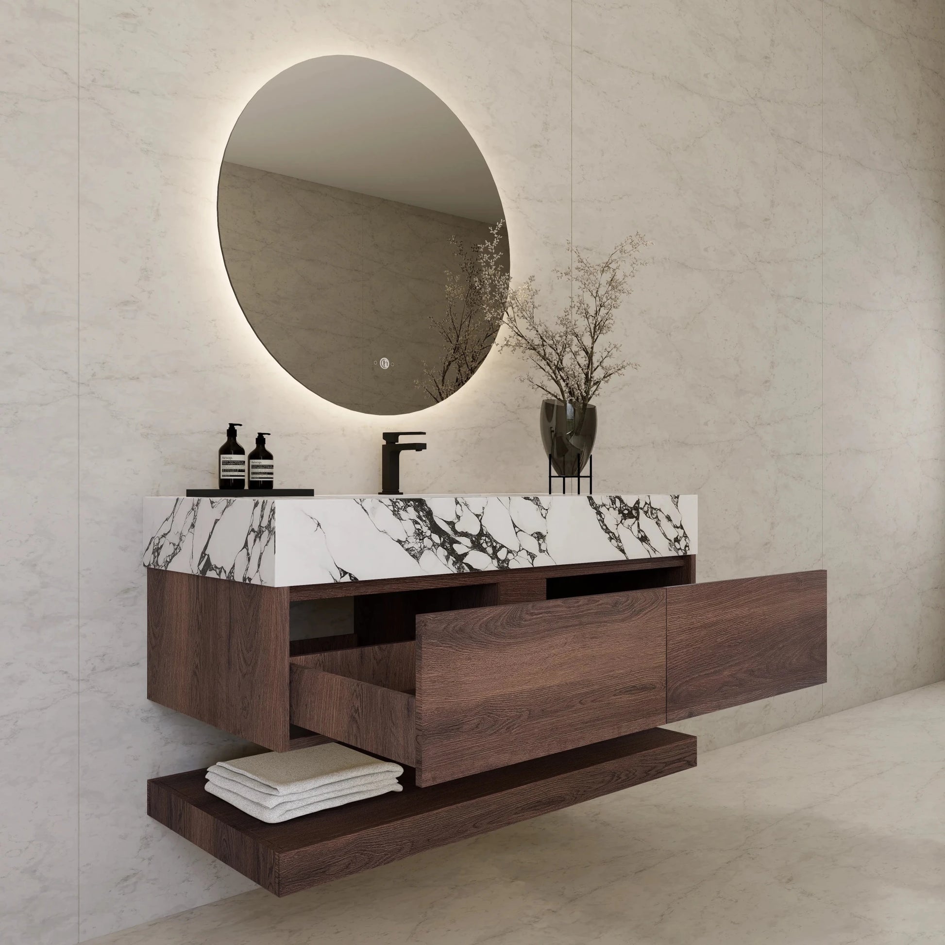48"/ 60" Walnut Open Shelf Floating Bathroom Vanity - Vanity48"