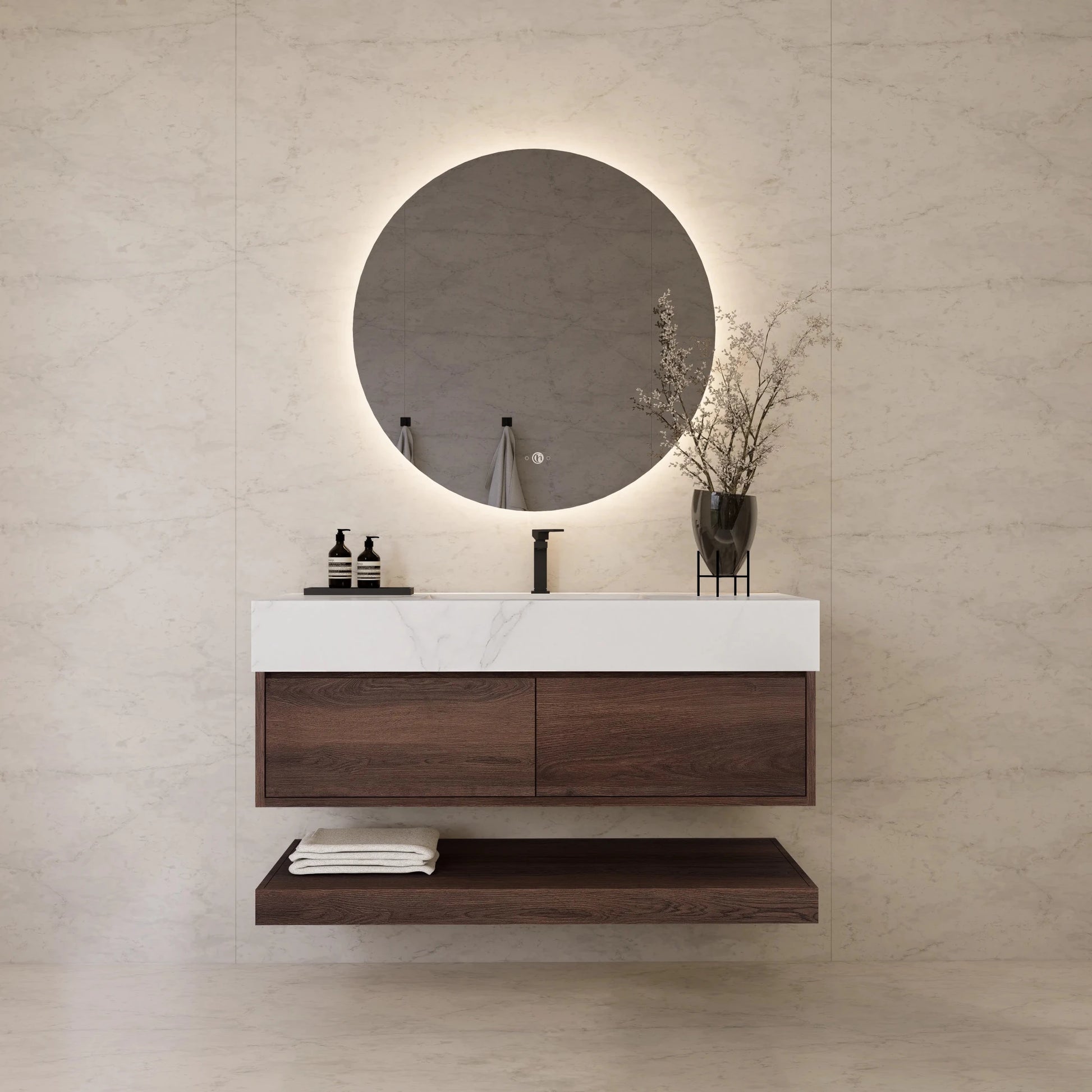 48"/ 60" Walnut Open Shelf Floating Bathroom Vanity - Vanity48"