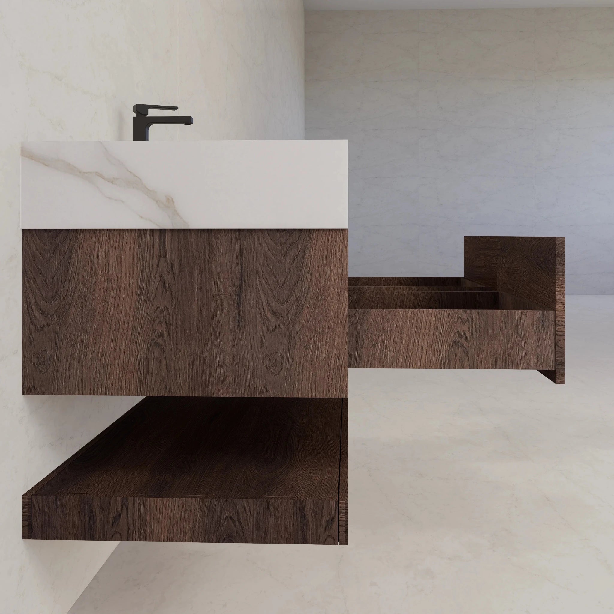 48"/ 60" Walnut Open Shelf Floating Bathroom Vanity - Vanity48"