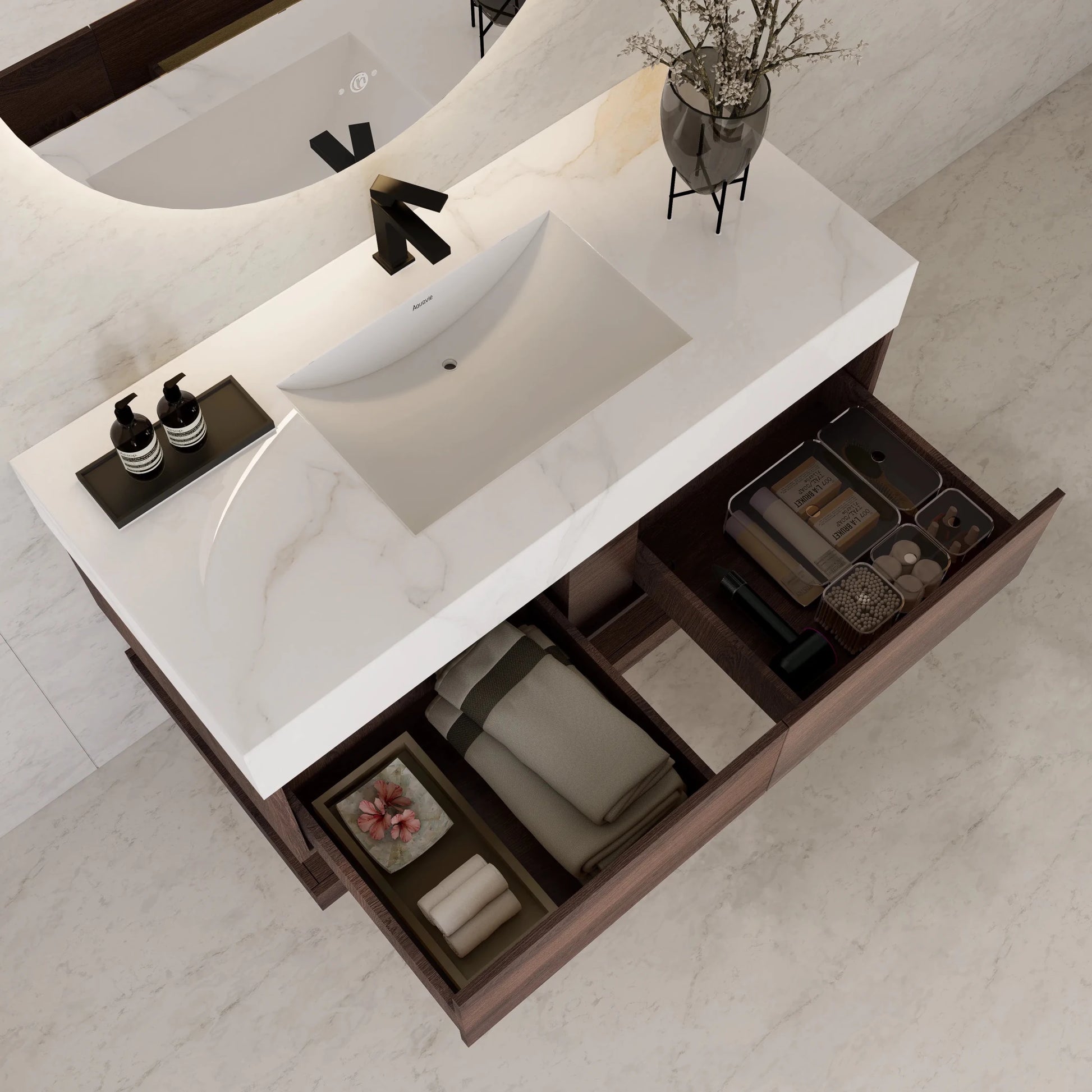 48"/ 60" Walnut Open Shelf Floating Bathroom Vanity - Vanity48"