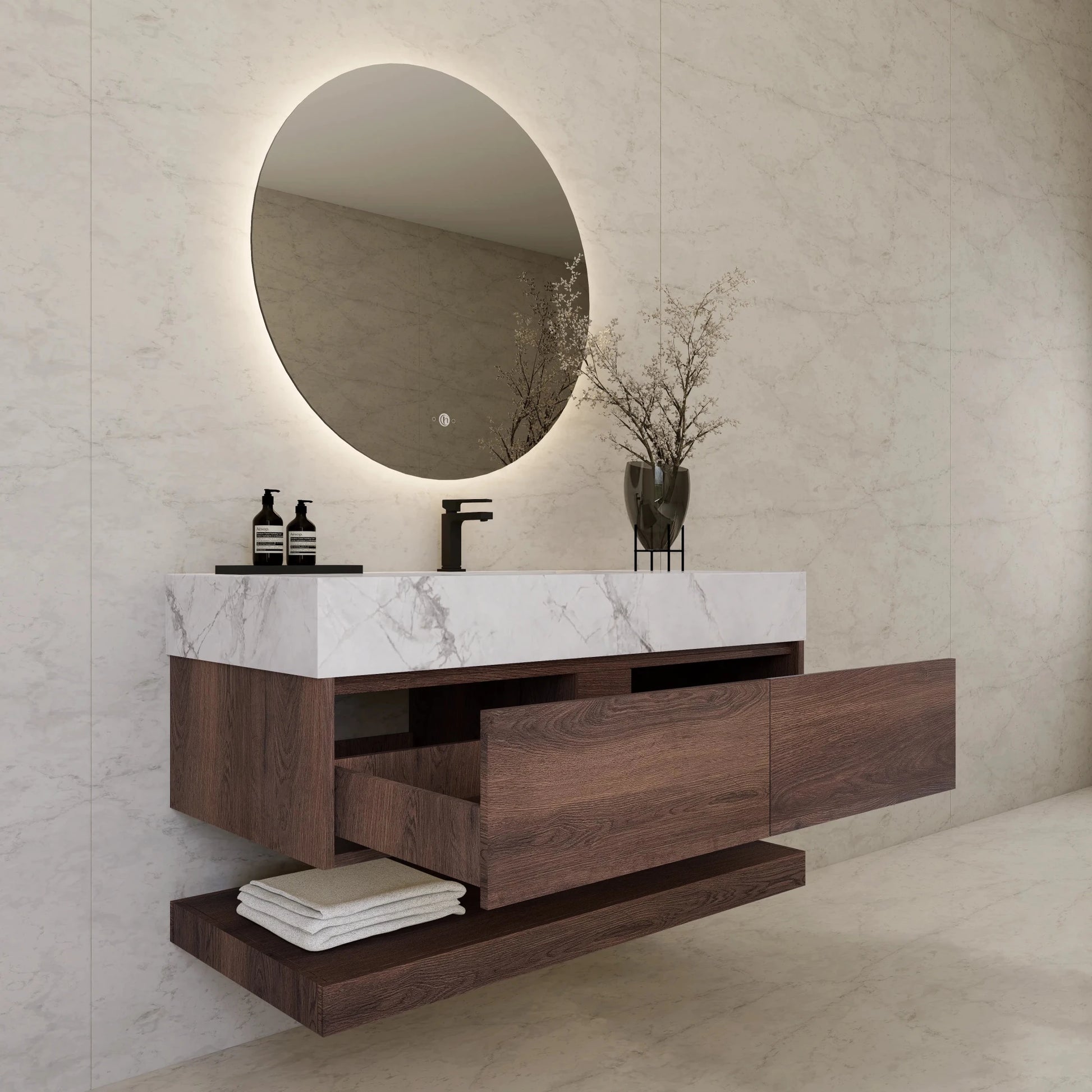 48"/ 60" Walnut Open Shelf Floating Bathroom Vanity - Vanity48"