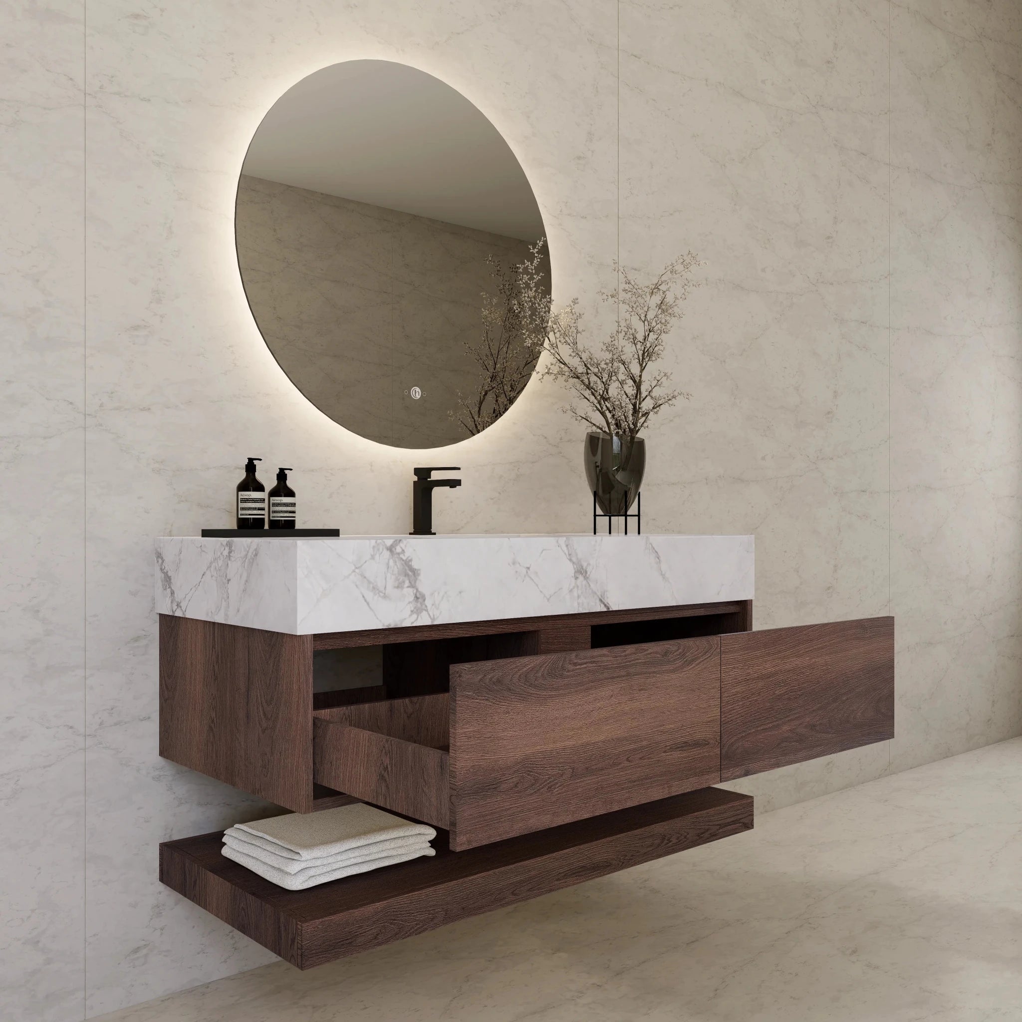 48"/ 60" Walnut Open Shelf Floating Bathroom Vanity - Vanity48"