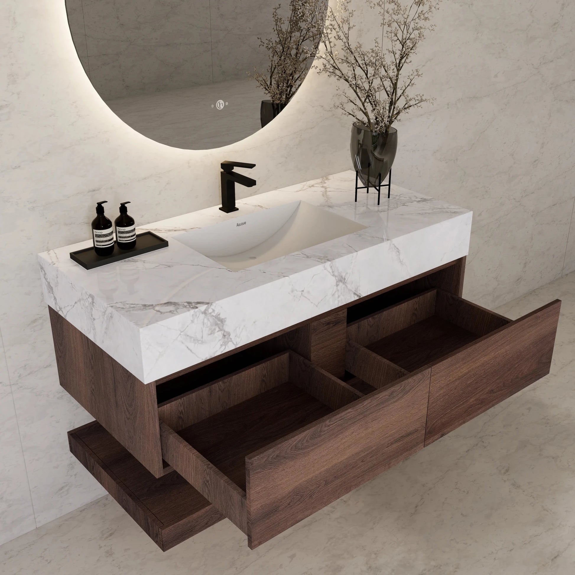 48"/ 60" Walnut Open Shelf Floating Bathroom Vanity - Vanity48"