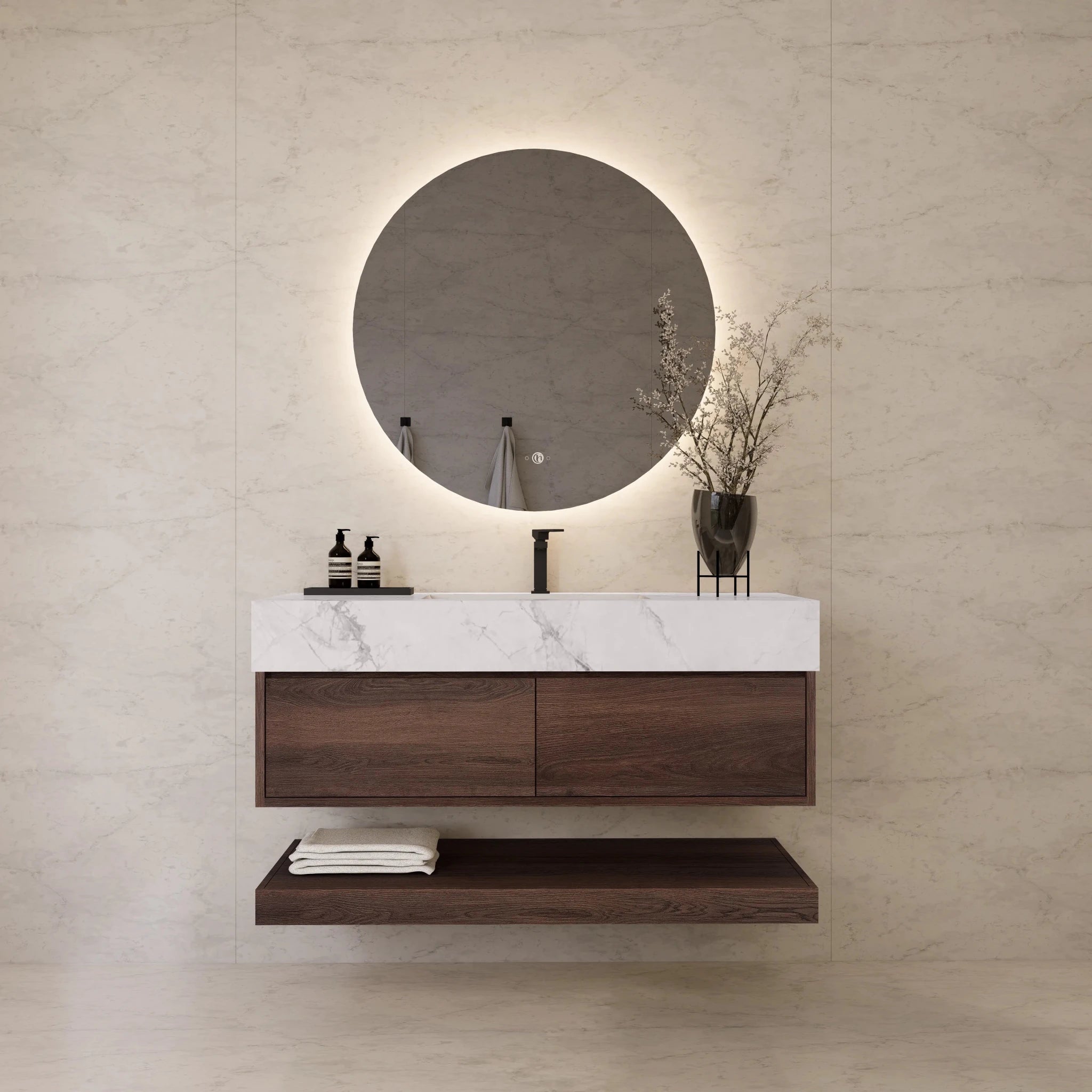 48"/ 60" Walnut Open Shelf Floating Bathroom Vanity - Vanity48"