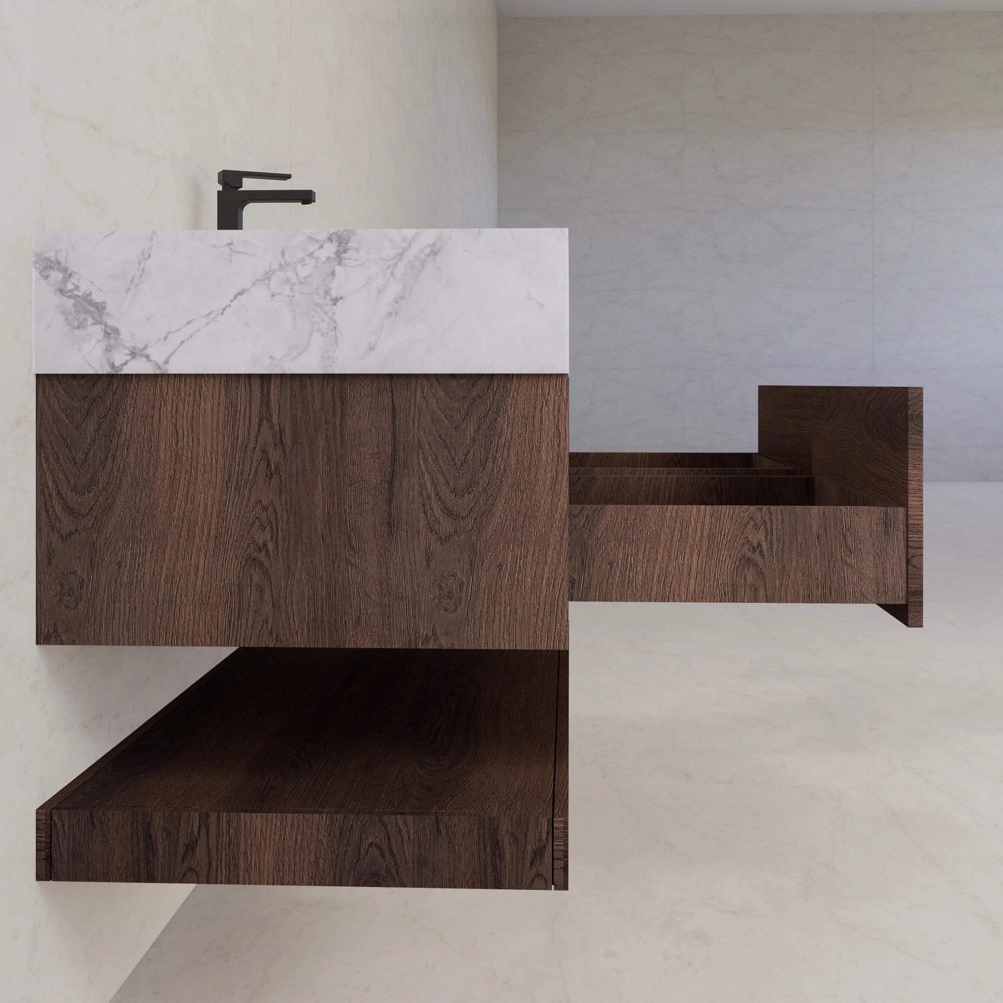 48"/ 60" Walnut Open Shelf Floating Bathroom Vanity - Vanity48"