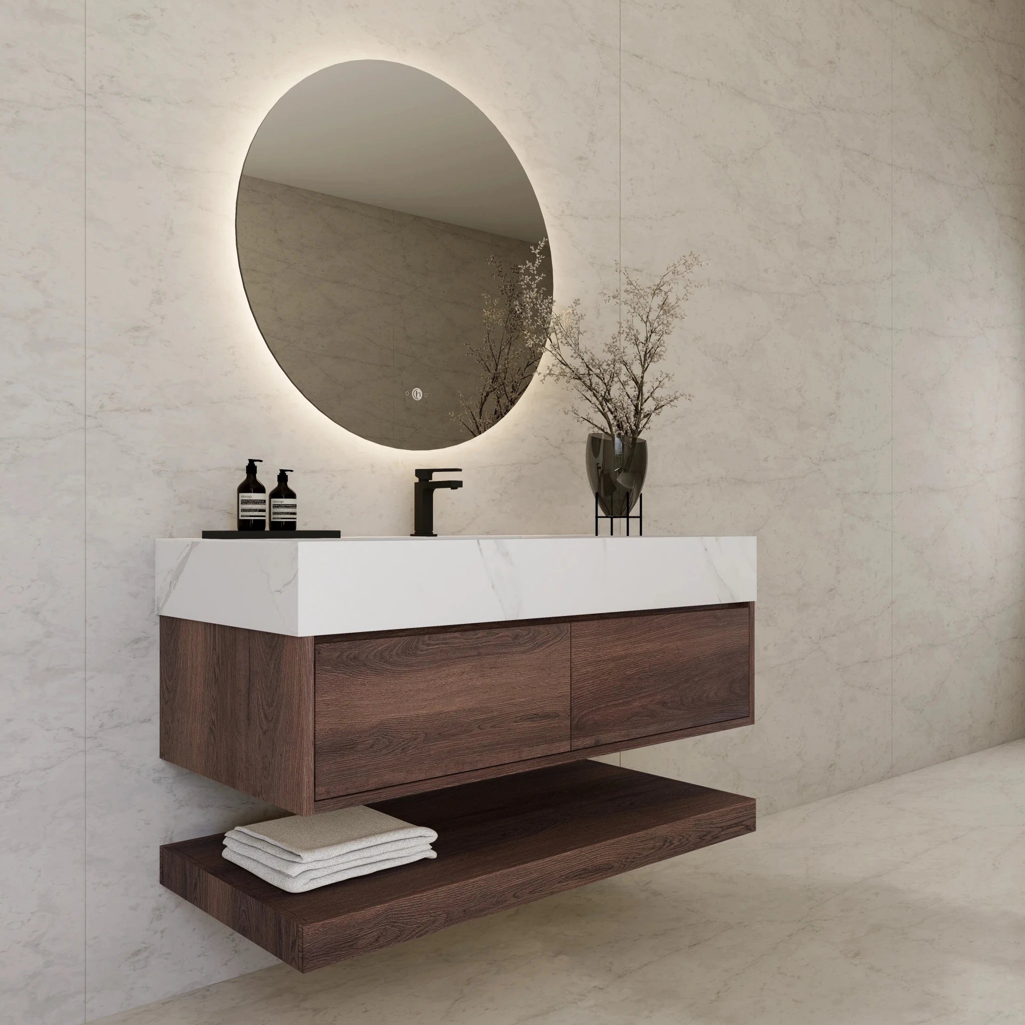 48"/ 60" Walnut Open Shelf Floating Bathroom Vanity - Vanity48"