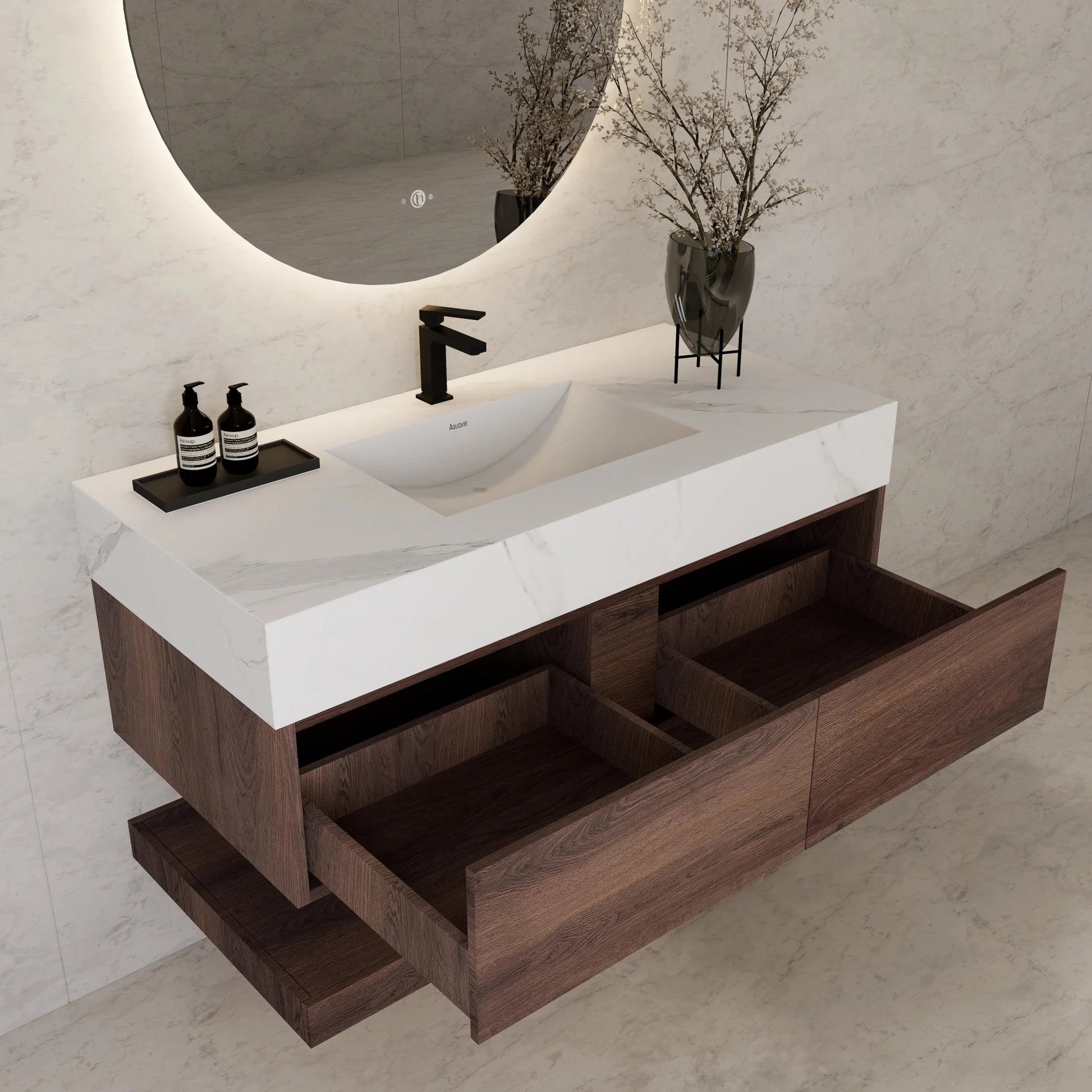 48"/ 60" Walnut Open Shelf Floating Bathroom Vanity - Vanity48"