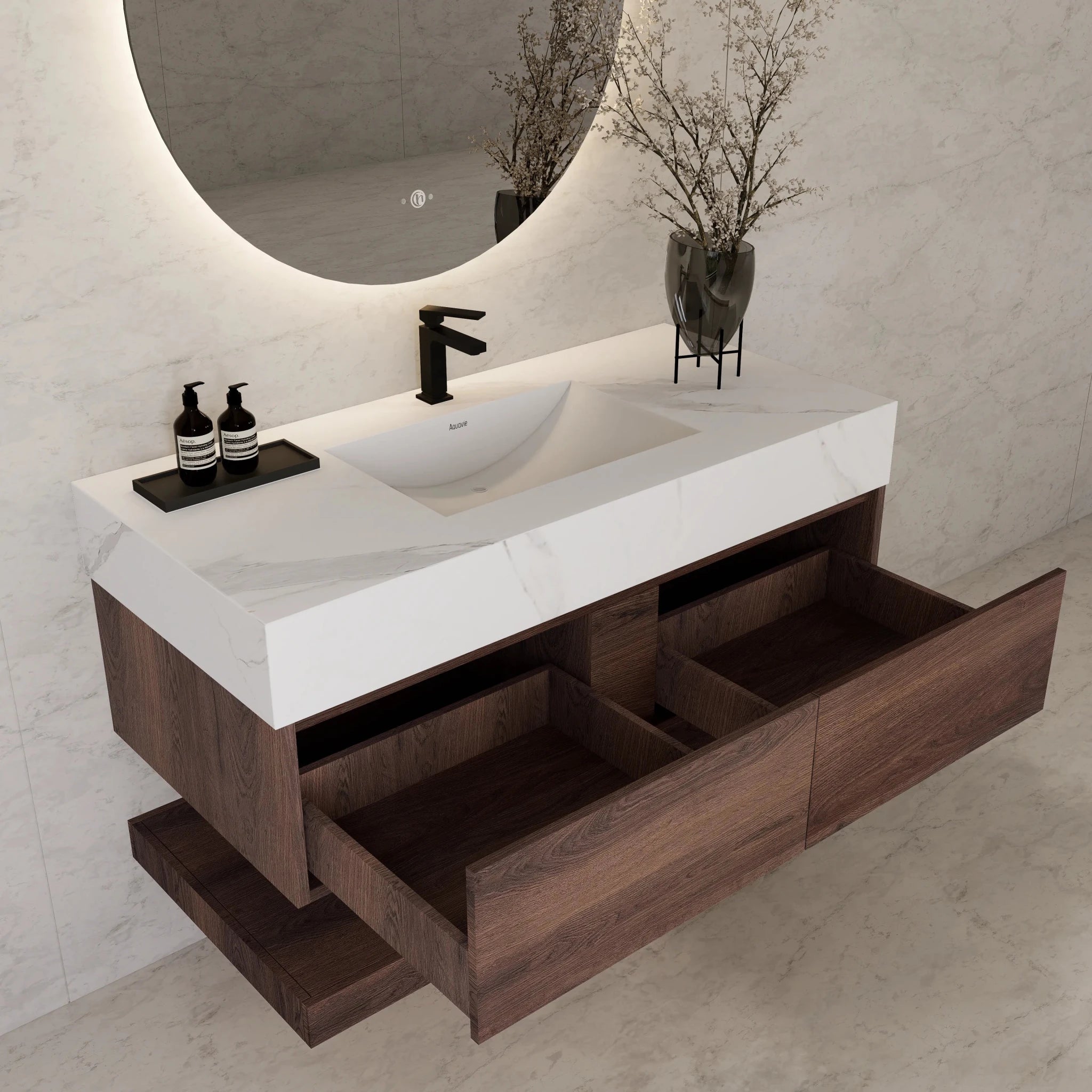48"/ 60" Walnut Open Shelf Floating Bathroom Vanity - Vanity48"