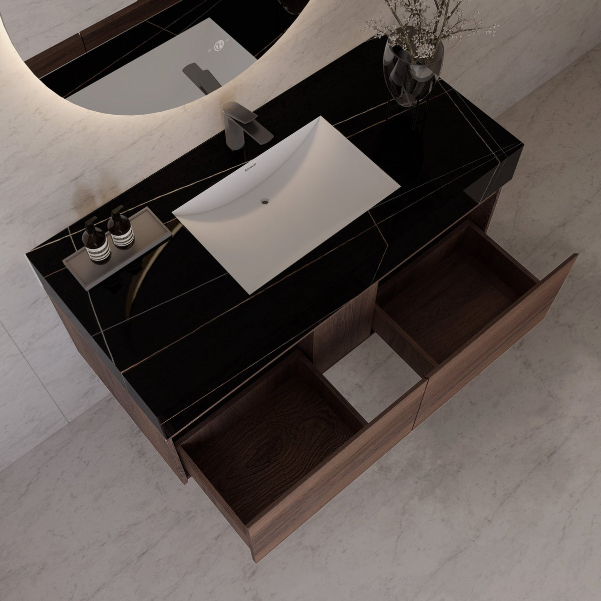 48", 60" Walnut Sintered Stone Top with Double Drawer Floating Bathroom Vanity -Vanity48"