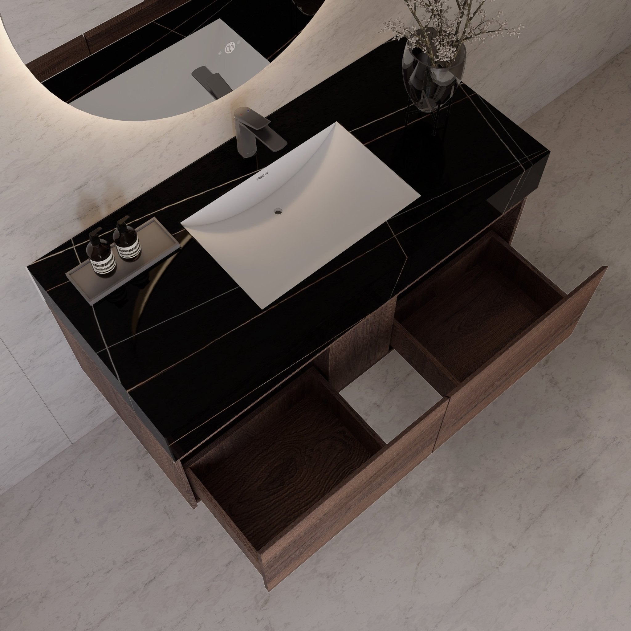 48", 60" Walnut Sintered Stone Top with Double Drawer Floating Bathroom Vanity -Vanity48"
