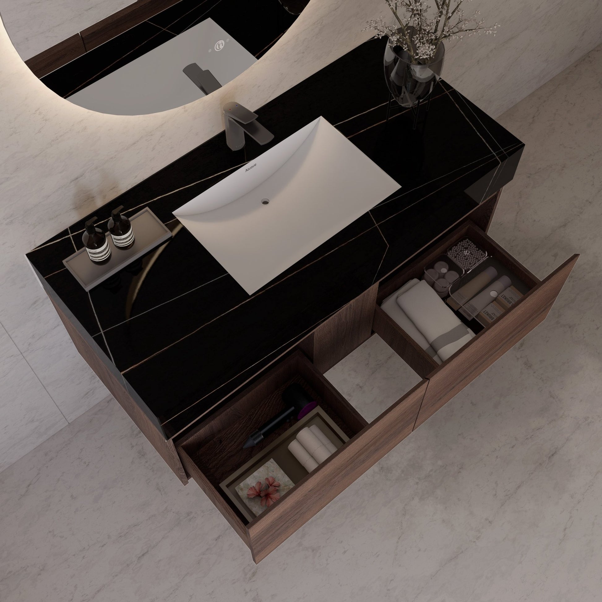 48", 60" Walnut Sintered Stone Top with Double Drawer Floating Bathroom Vanity -Vanity48"