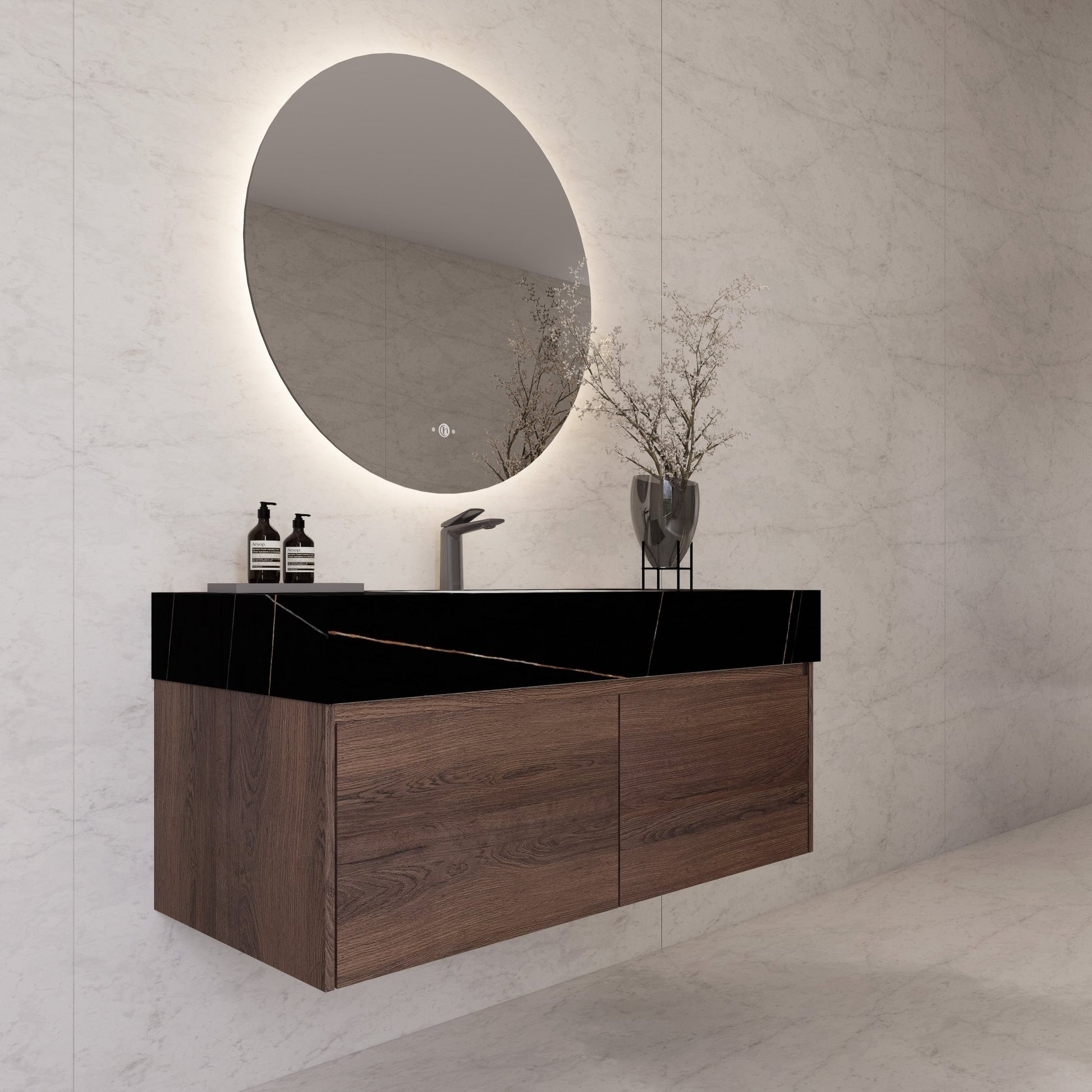48", 60" Walnut Sintered Stone Top with Double Drawer Floating Bathroom Vanity -Vanity48"