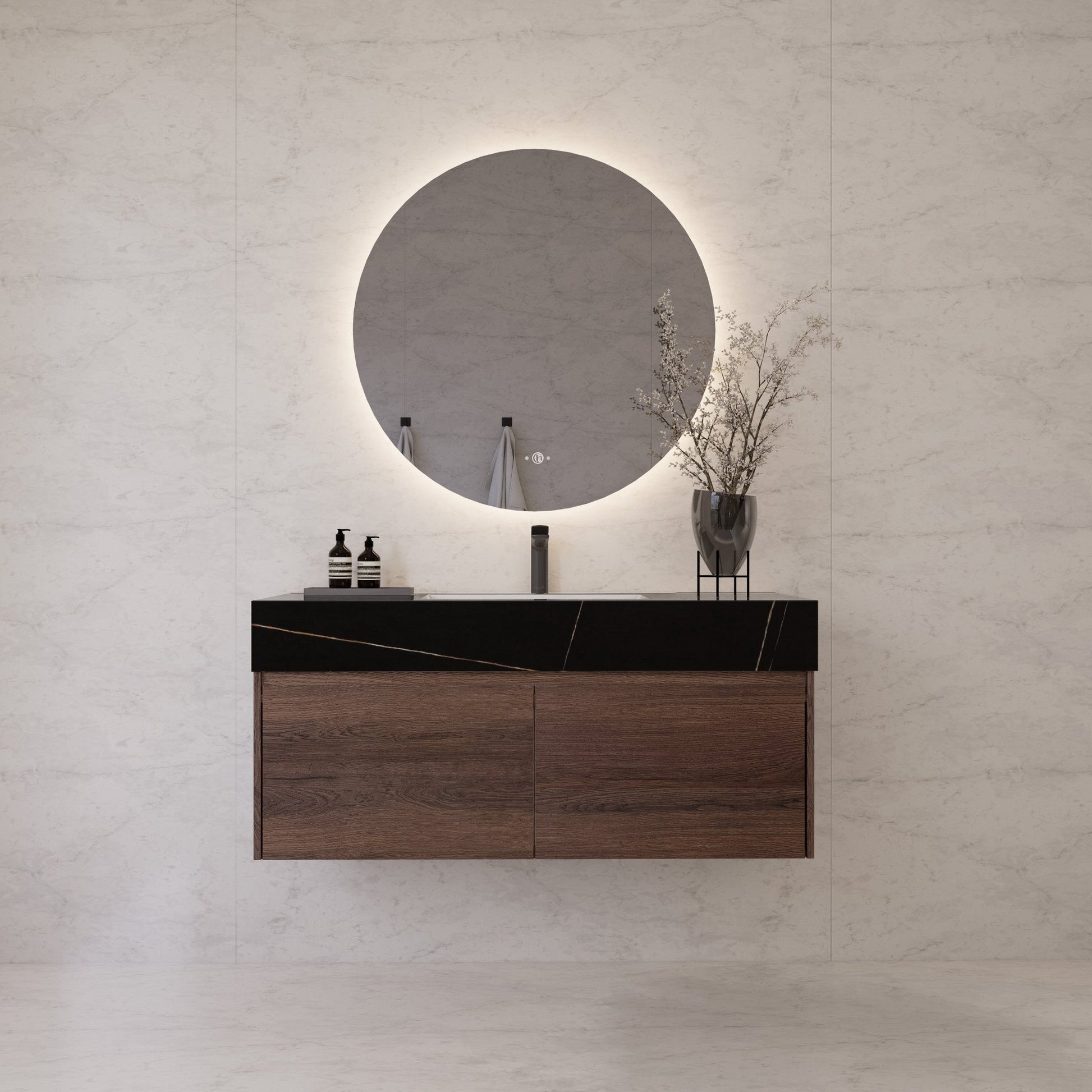 48", 60" Walnut Sintered Stone Top with Double Drawer Floating Bathroom Vanity -Vanity48"