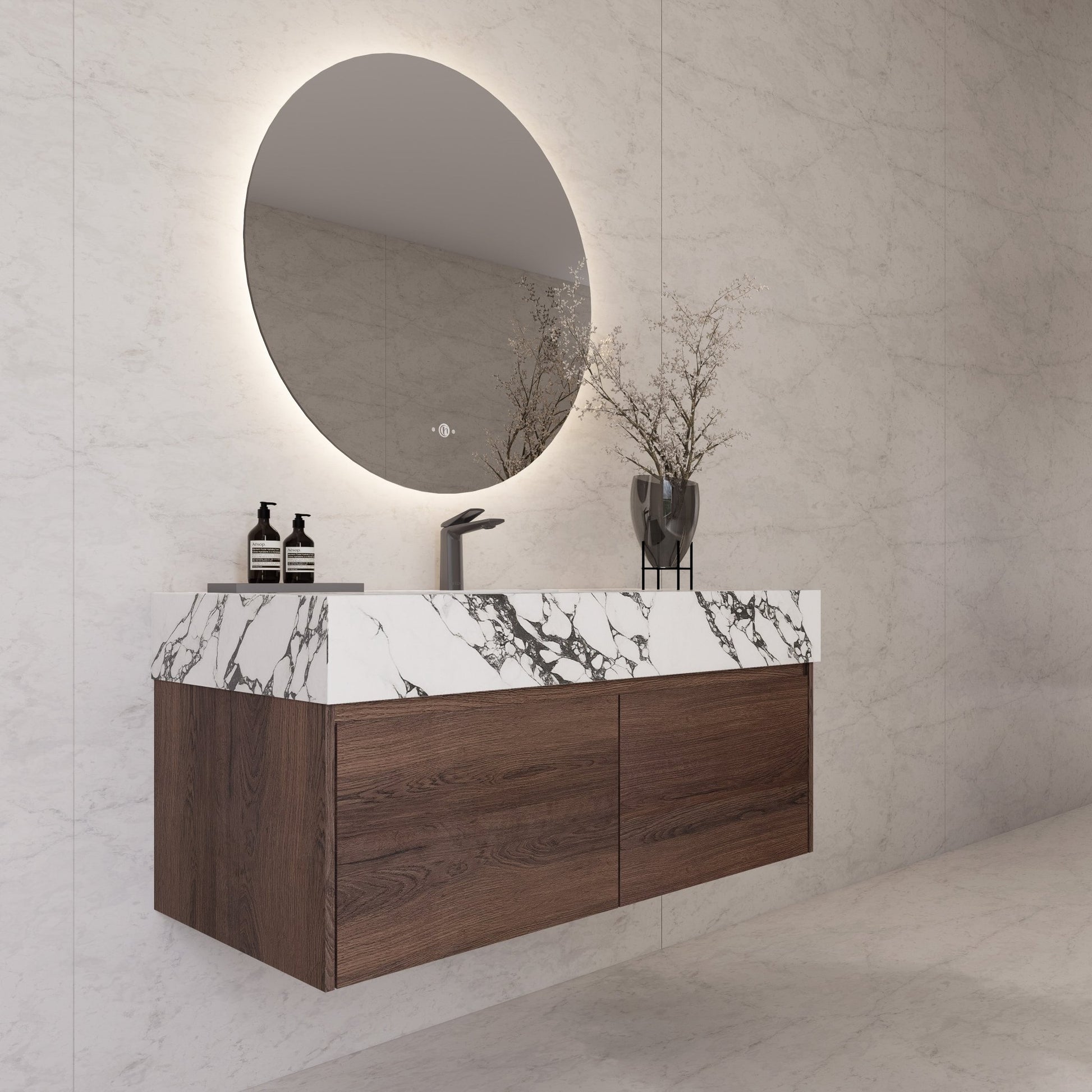 48", 60" Walnut Sintered Stone Top with Double Drawer Floating Bathroom Vanity -Vanity48"