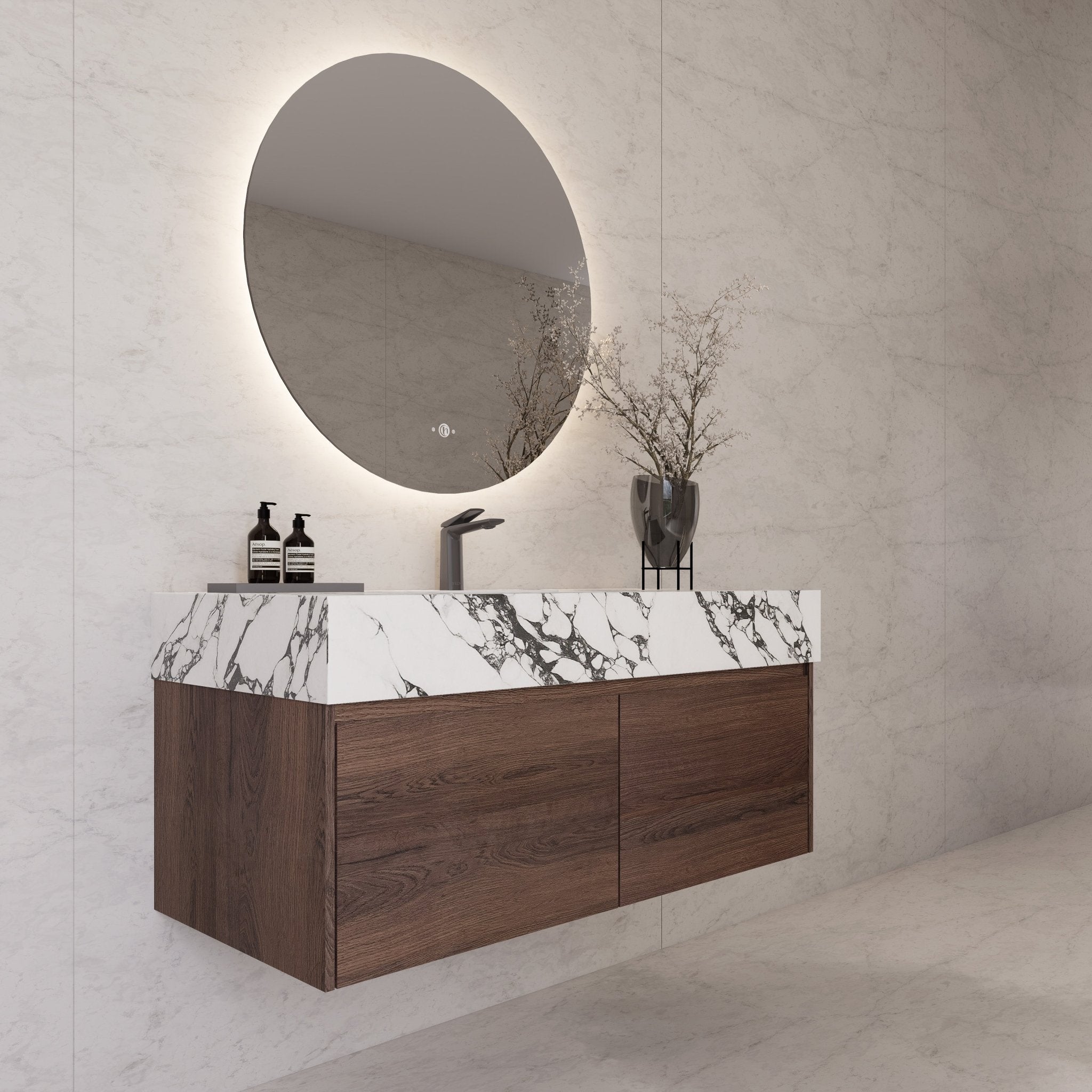 48", 60" Walnut Sintered Stone Top with Double Drawer Floating Bathroom Vanity -Vanity48"