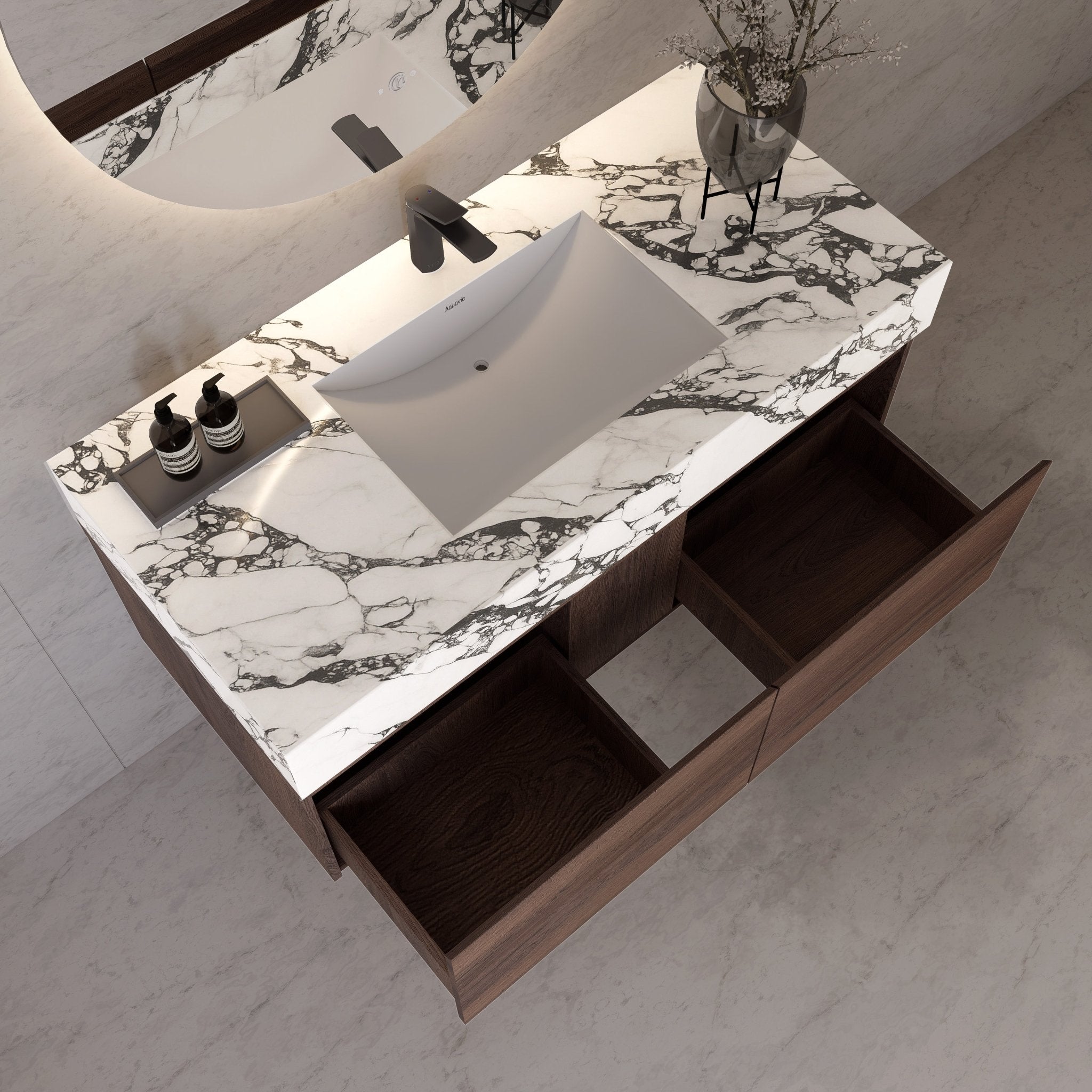 48", 60" Walnut Sintered Stone Top with Double Drawer Floating Bathroom Vanity -Vanity48"