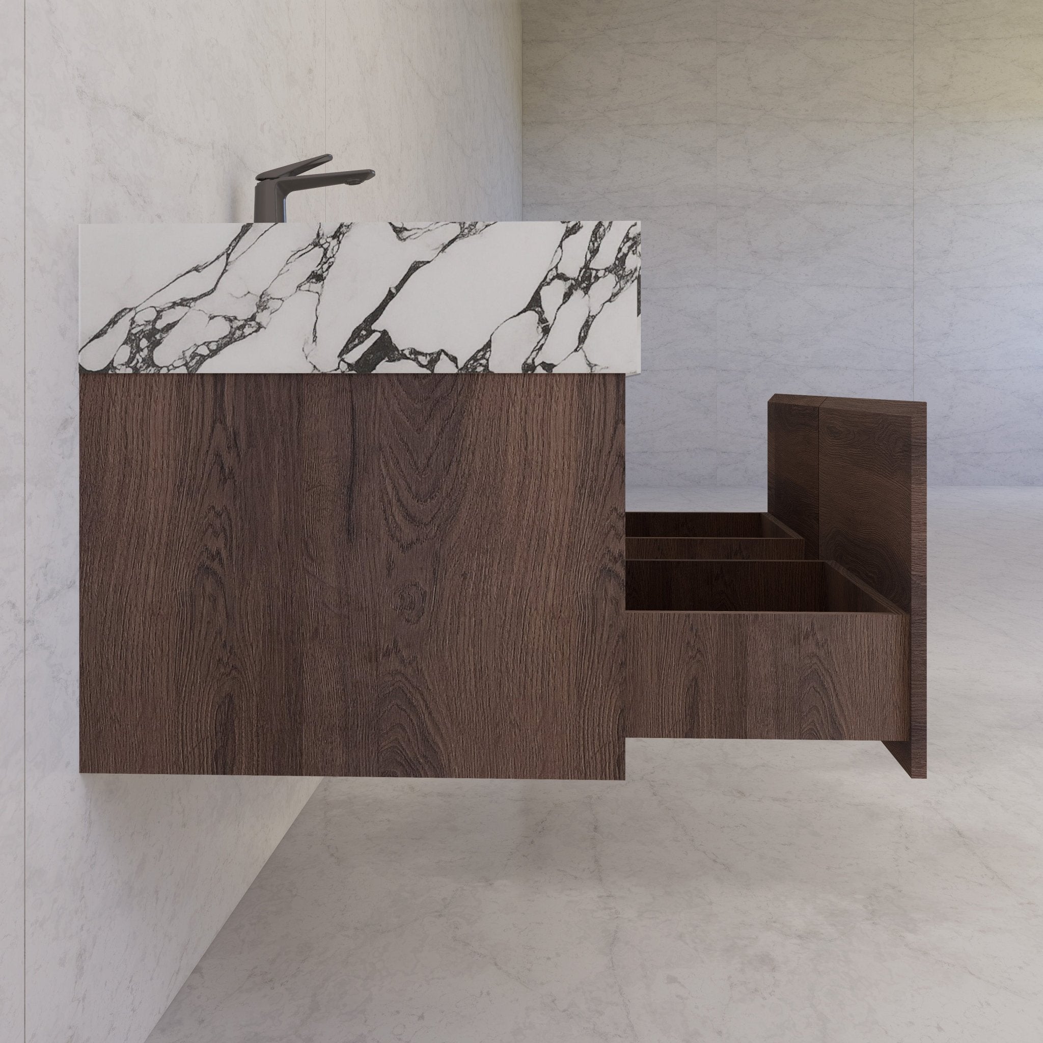 48", 60" Walnut Sintered Stone Top with Double Drawer Floating Bathroom Vanity -Vanity48"
