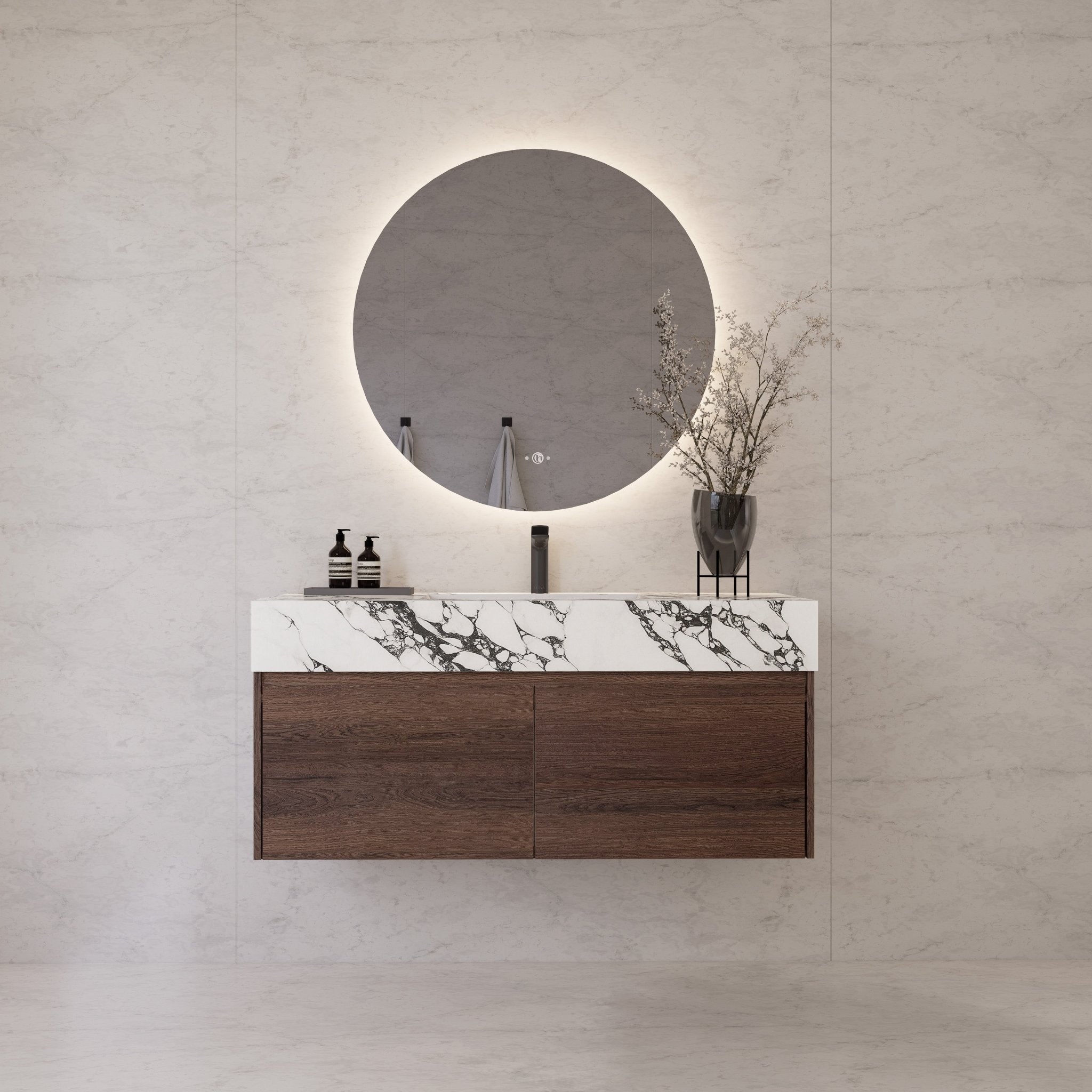 48", 60" Walnut Sintered Stone Top with Double Drawer Floating Bathroom Vanity -Vanity48"