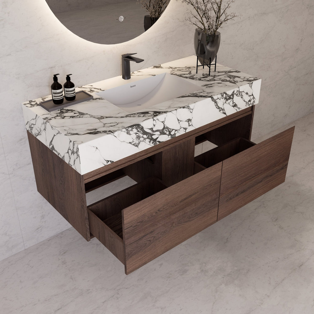 48", 60" Walnut Sintered Stone Top with Double Drawer Floating Bathroom Vanity -Vanity48"