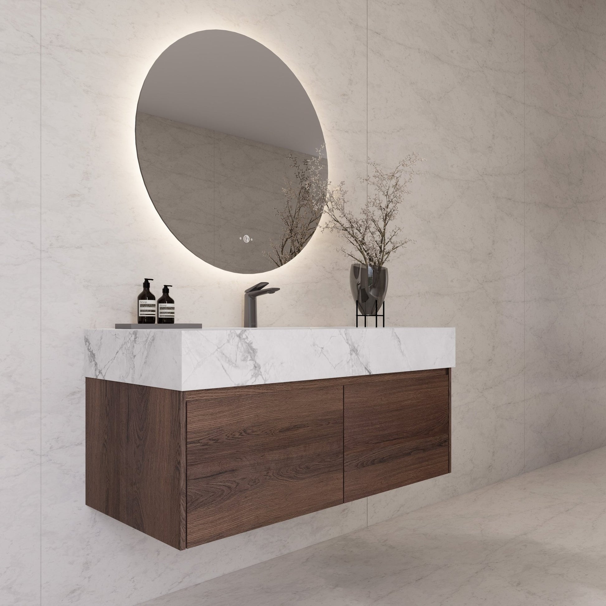 48", 60" Walnut Sintered Stone Top with Double Drawer Floating Bathroom Vanity -Vanity48"