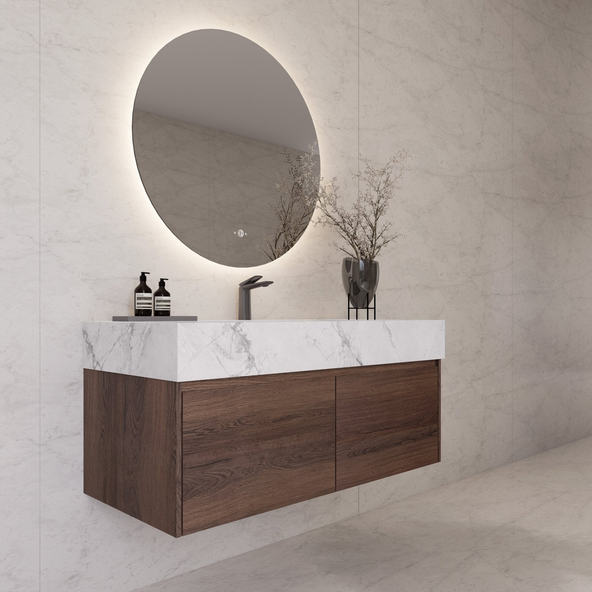 48", 60" Walnut Sintered Stone Top with Double Drawer Floating Bathroom Vanity -Vanity48"