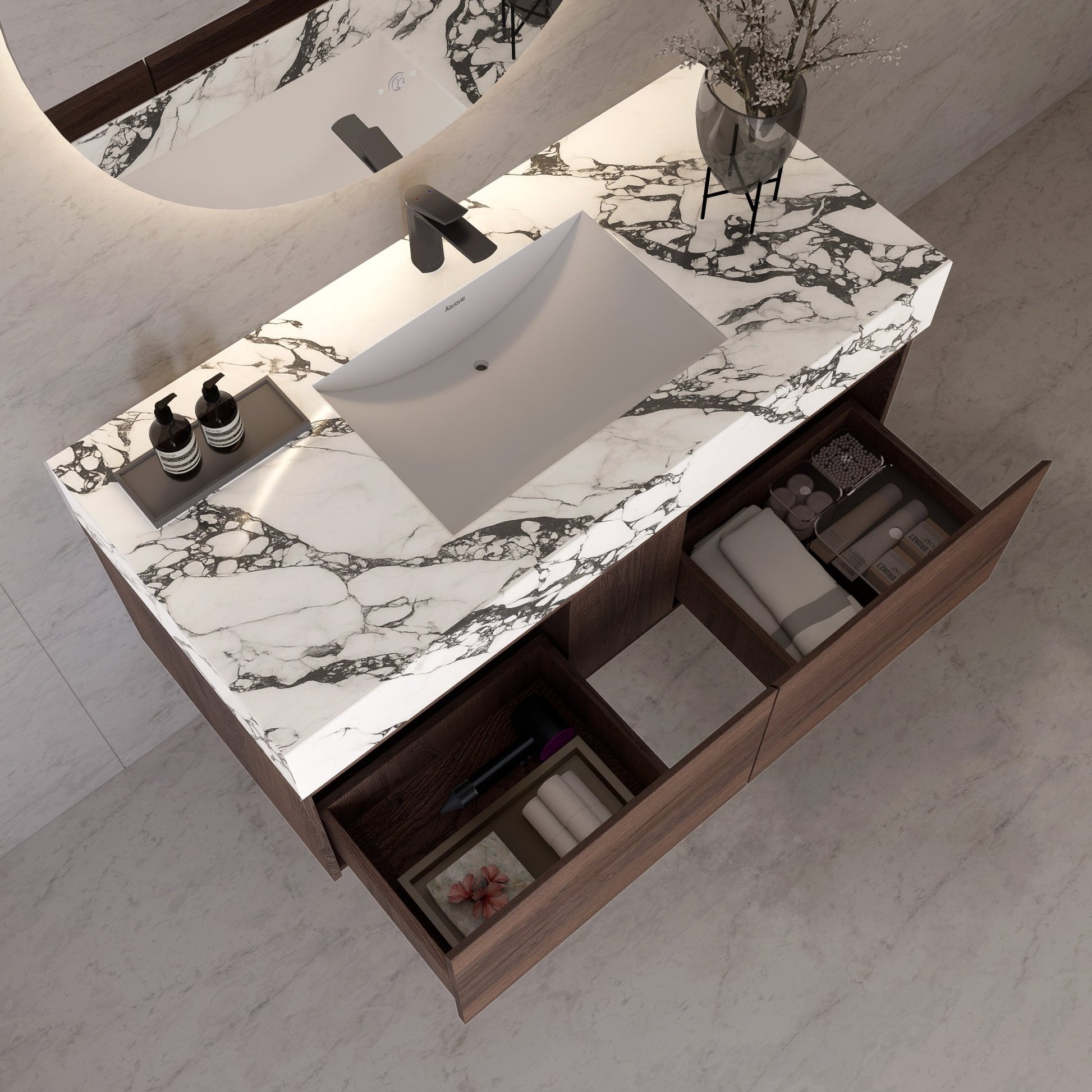 48", 60" Walnut Sintered Stone Top with Double Drawer Floating Bathroom Vanity -Vanity48"