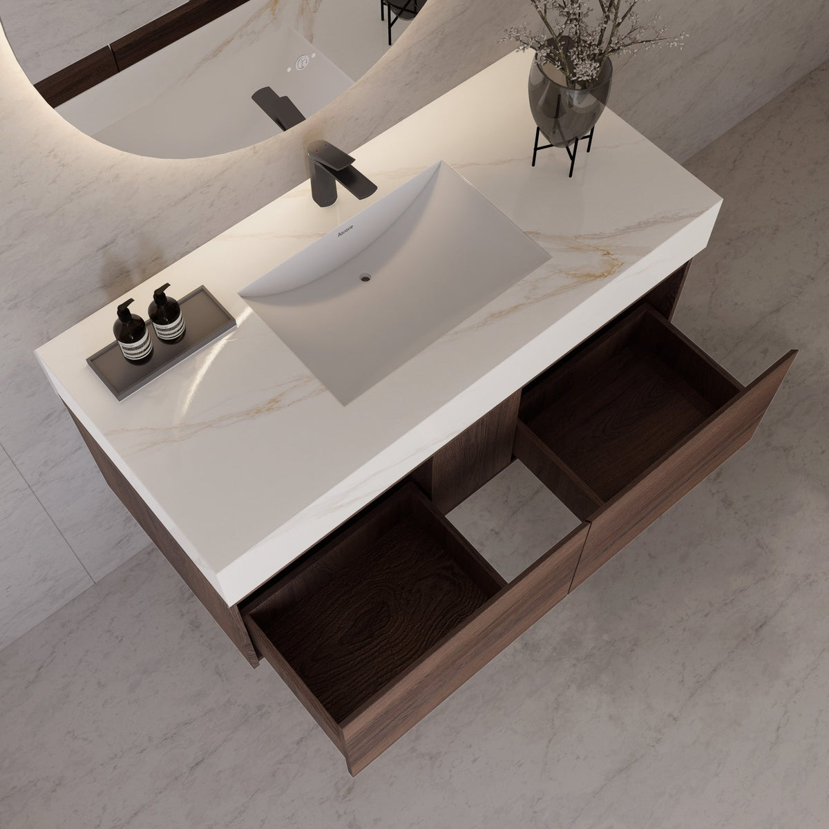 48", 60" Walnut Sintered Stone Top with Double Drawer Floating Bathroom Vanity -Vanity48"