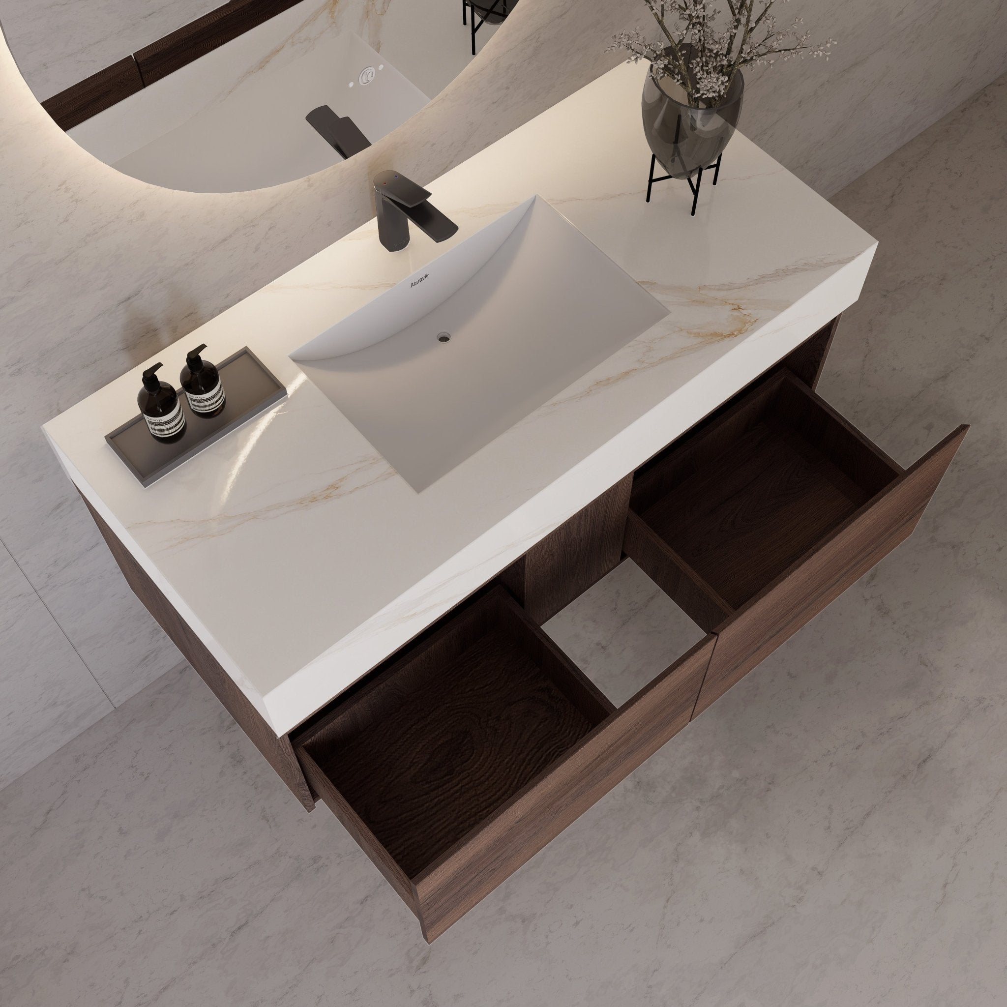 48", 60" Walnut Sintered Stone Top with Double Drawer Floating Bathroom Vanity -Vanity48"
