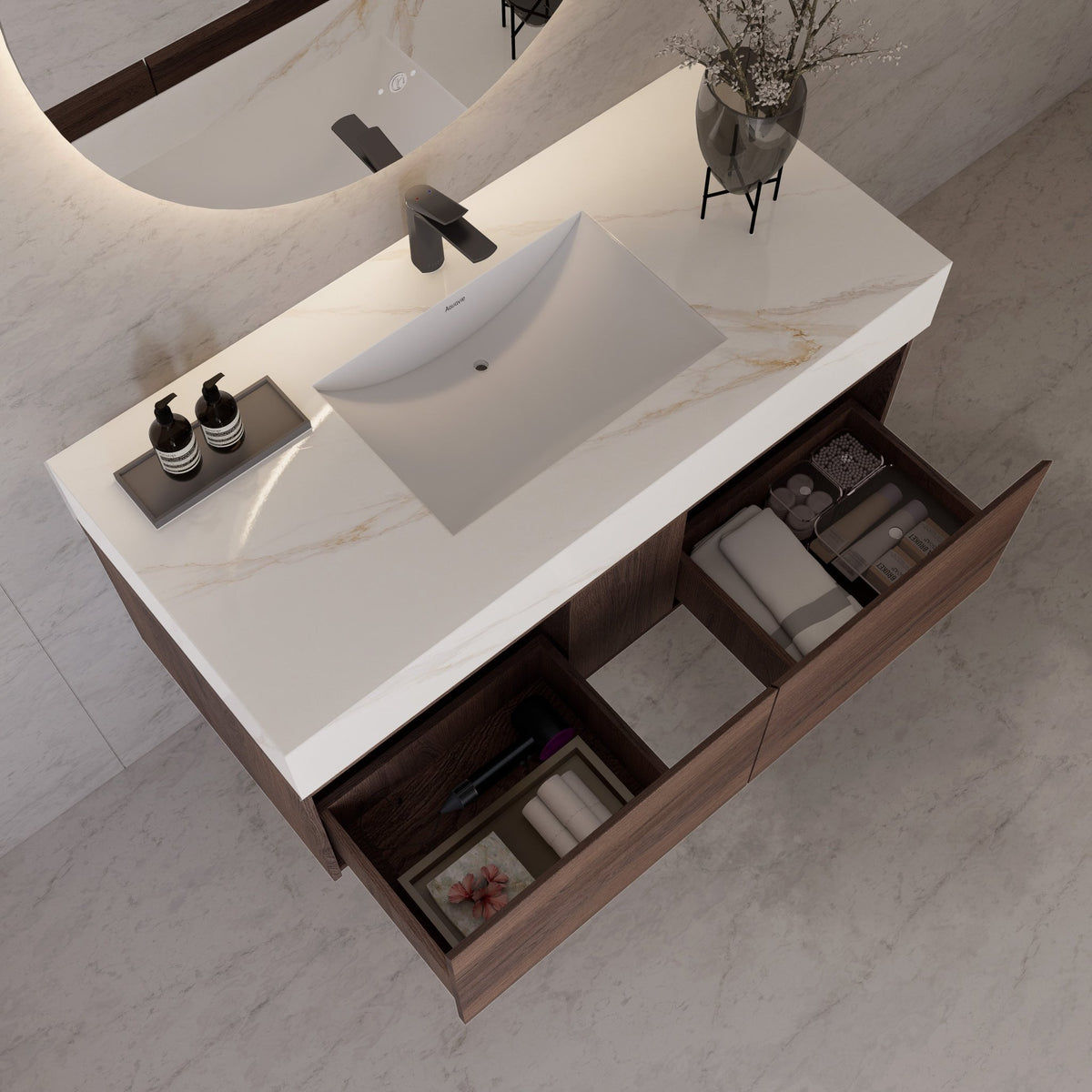 48", 60" Walnut Sintered Stone Top with Double Drawer Floating Bathroom Vanity -Vanity48"