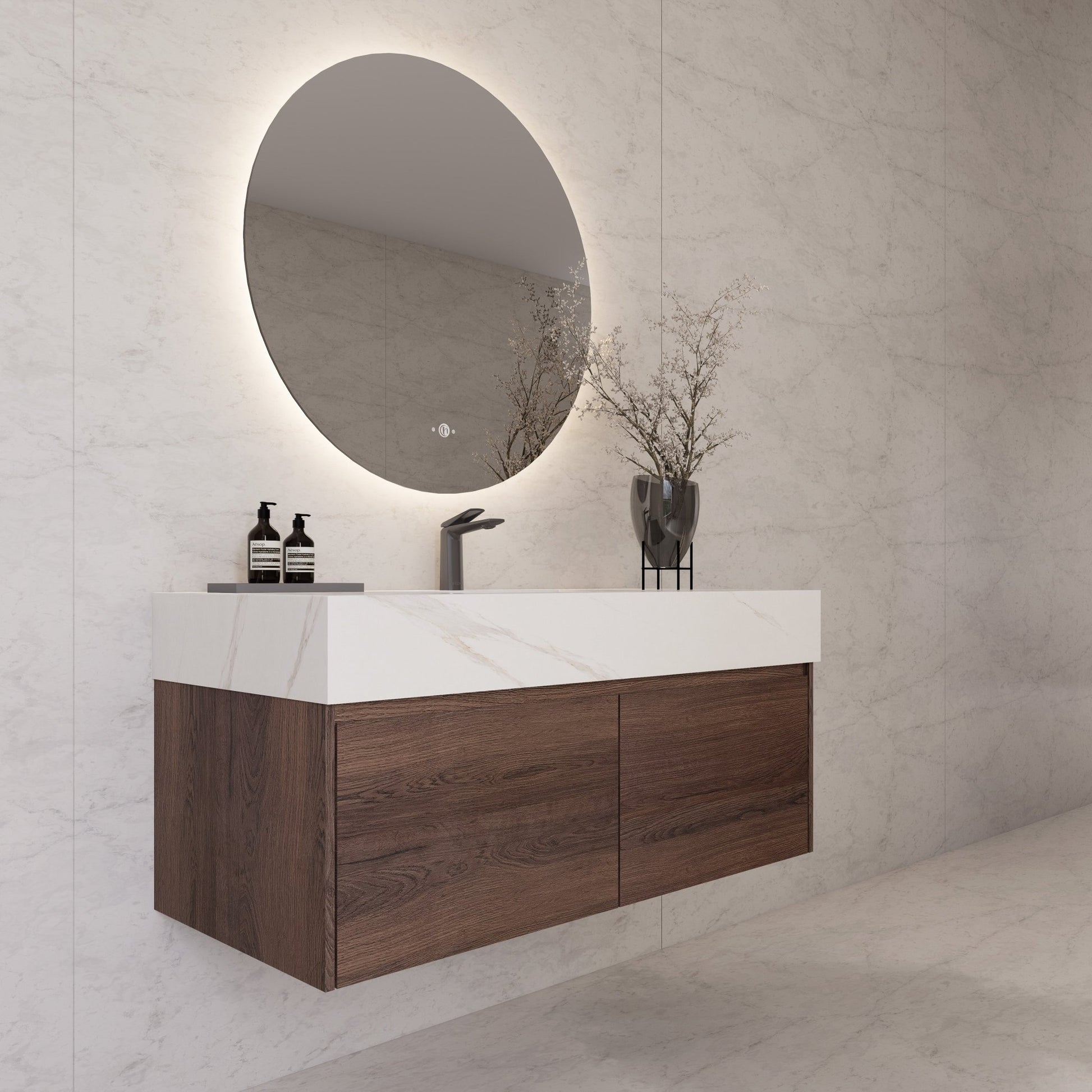 48", 60" Walnut Sintered Stone Top with Double Drawer Floating Bathroom Vanity -Vanity48"