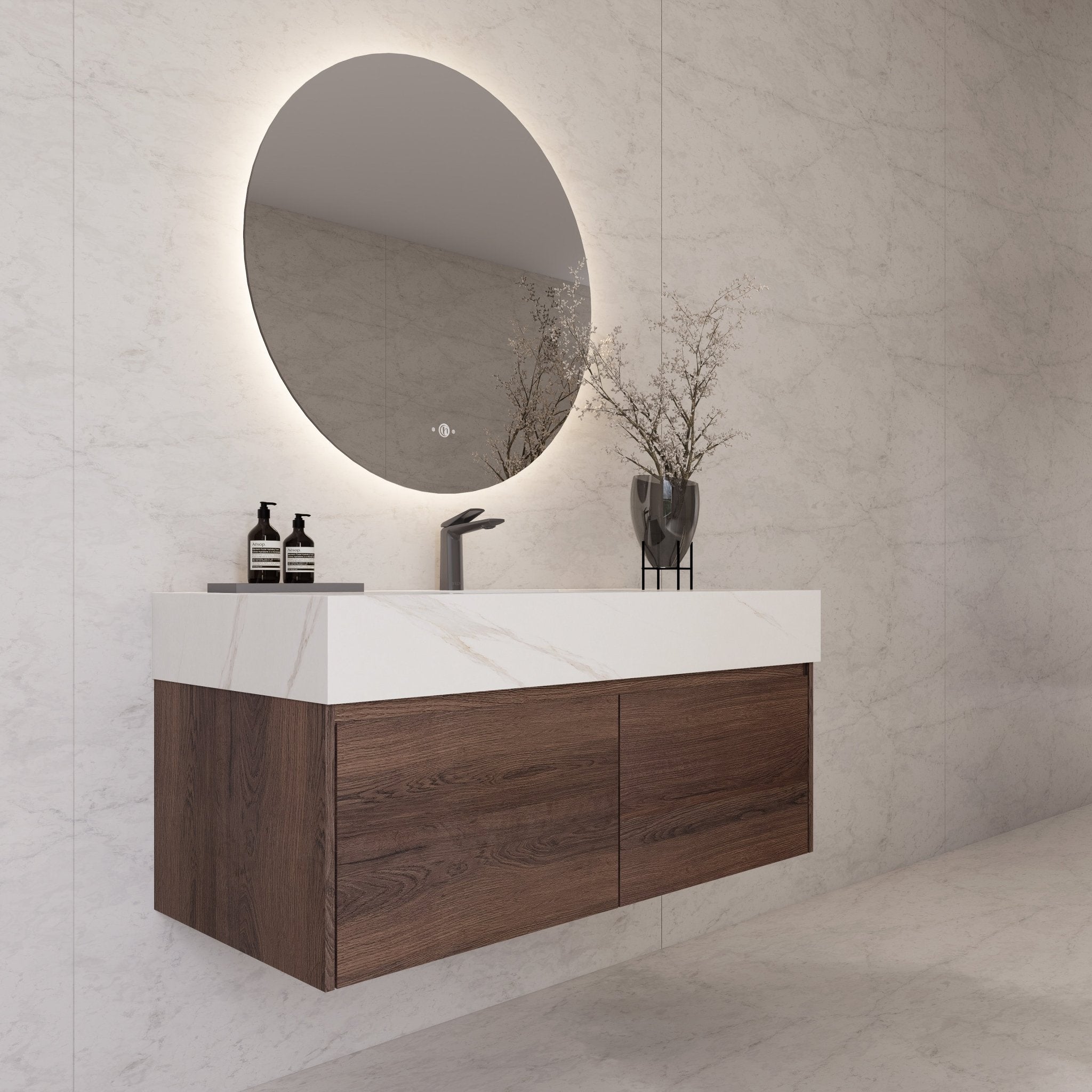 48", 60" Walnut Sintered Stone Top with Double Drawer Floating Bathroom Vanity -Vanity48"