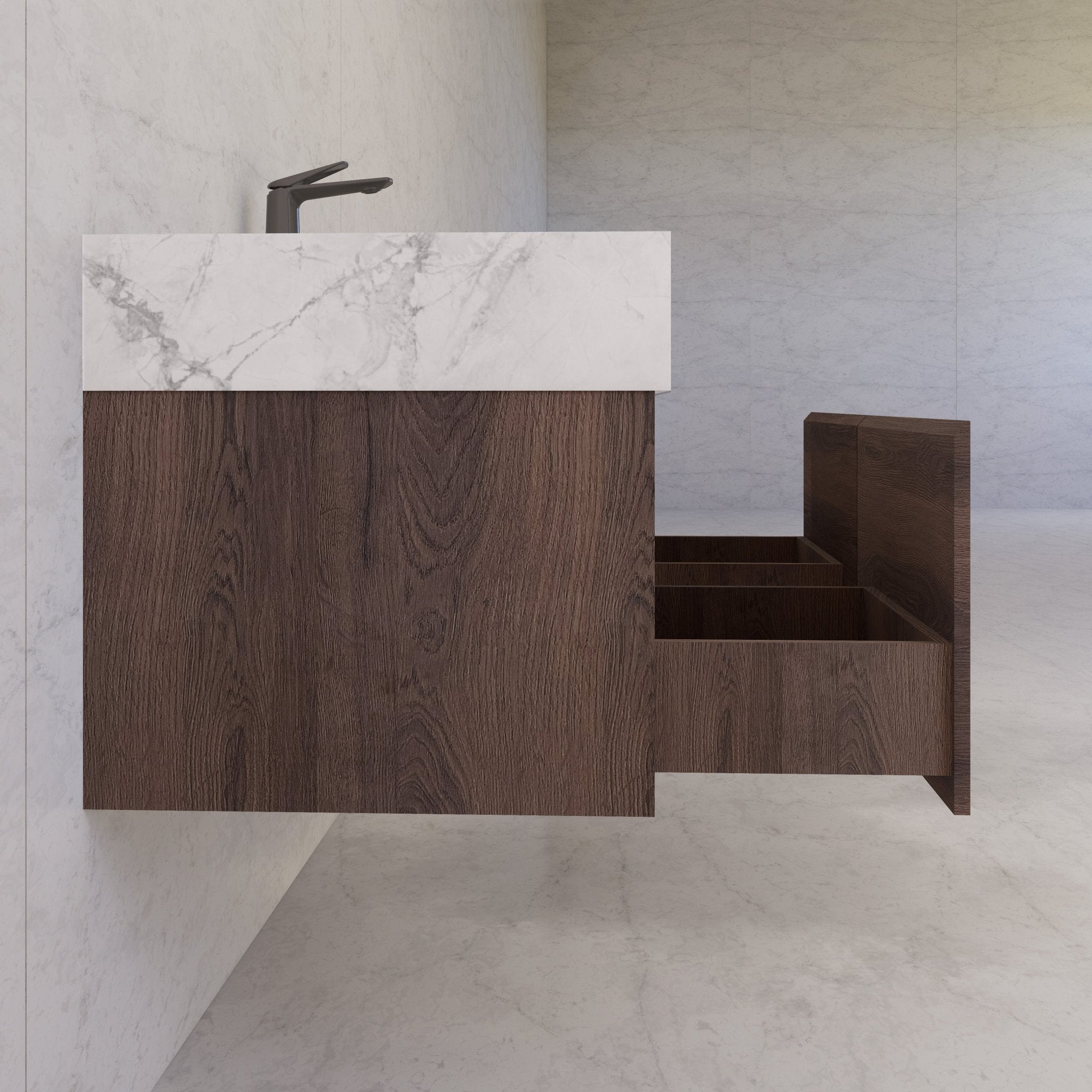 48", 60" Walnut Sintered Stone Top with Double Drawer Floating Bathroom Vanity -Vanity48"