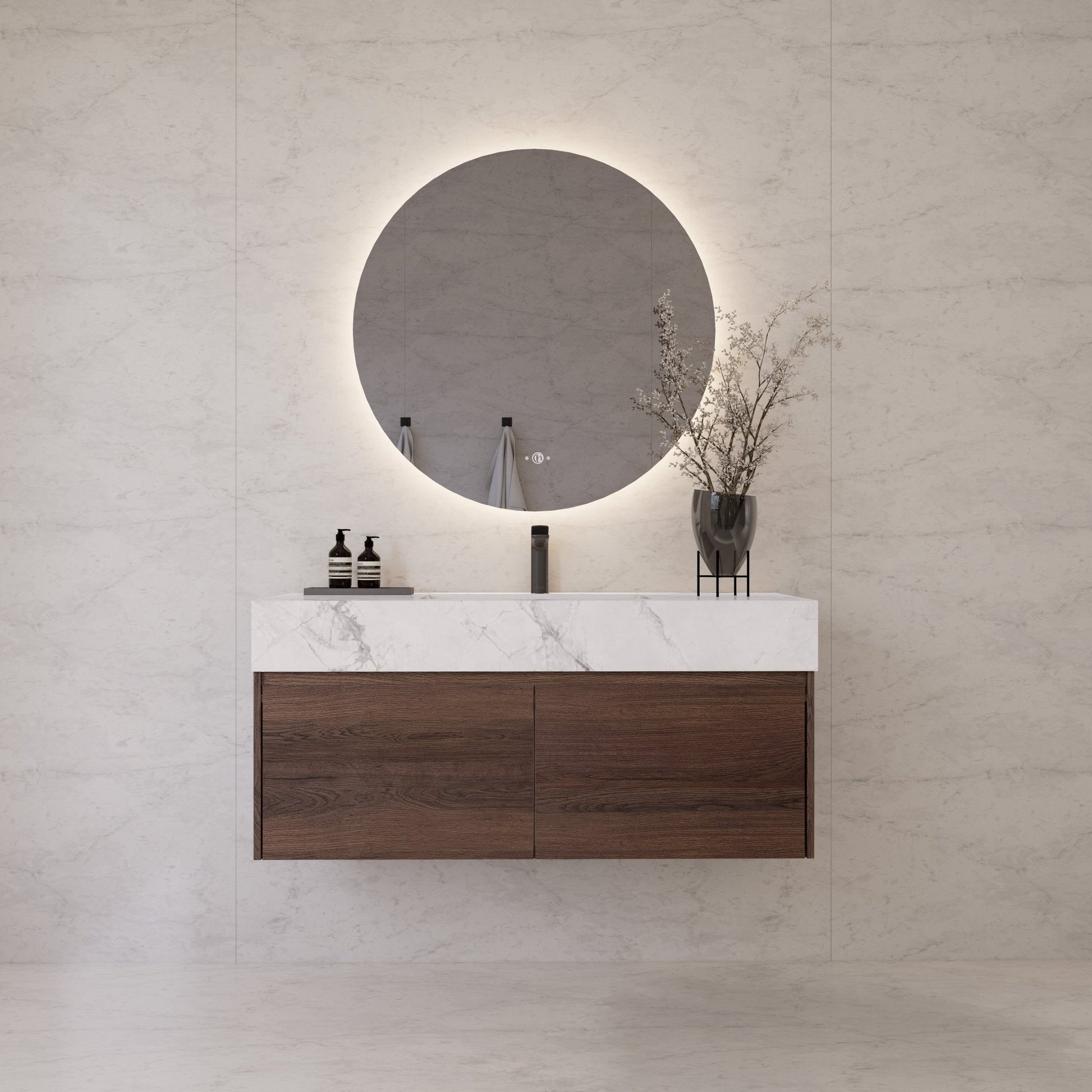 48", 60" Walnut Sintered Stone Top with Double Drawer Floating Bathroom Vanity -Vanity48"