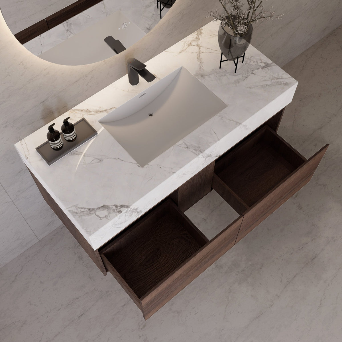 48", 60" Walnut Sintered Stone Top with Double Drawer Floating Bathroom Vanity -Vanity48"