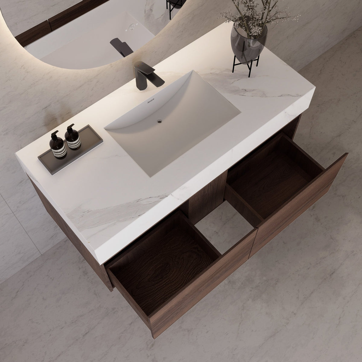48", 60" Walnut Sintered Stone Top with Double Drawer Floating Bathroom Vanity -Vanity48"