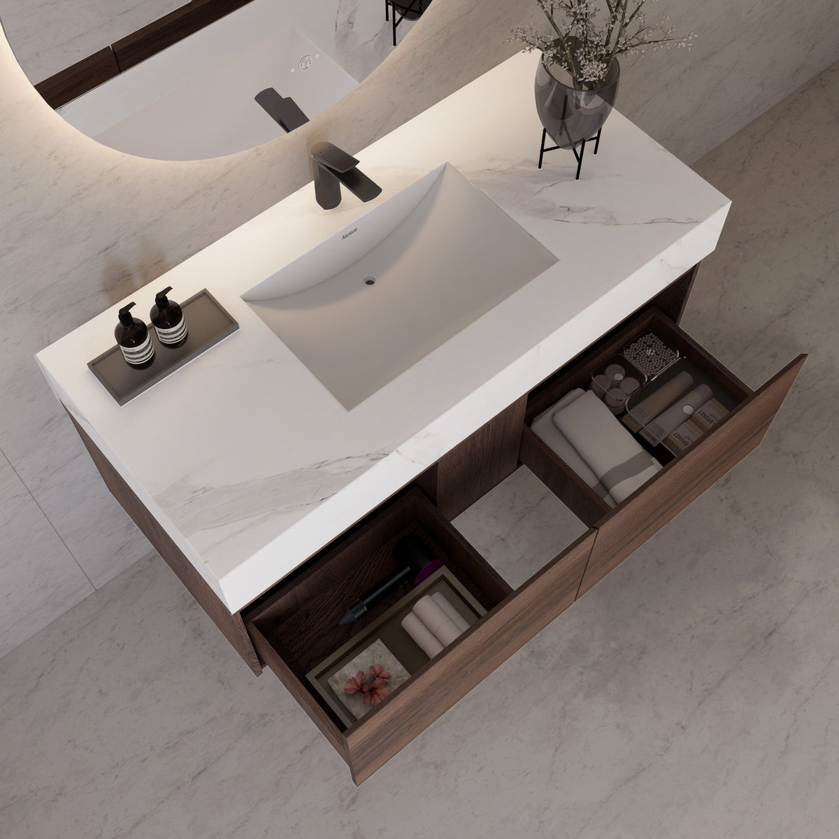 48", 60" Walnut Sintered Stone Top with Double Drawer Floating Bathroom Vanity -Vanity48"
