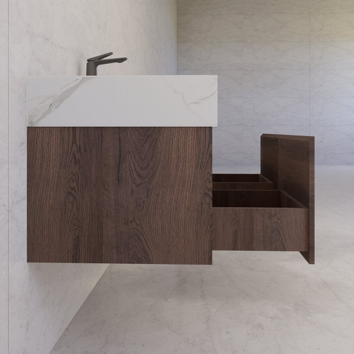 48", 60" Walnut Sintered Stone Top with Double Drawer Floating Bathroom Vanity -Vanity48"