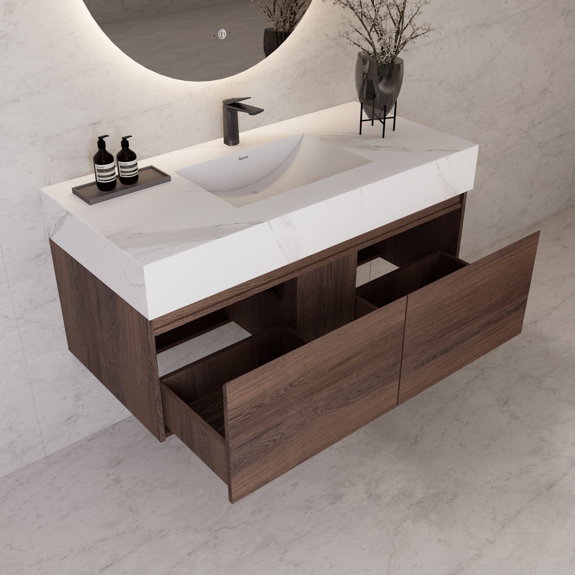 48", 60" Walnut Sintered Stone Top with Double Drawer Floating Bathroom Vanity -Vanity48"