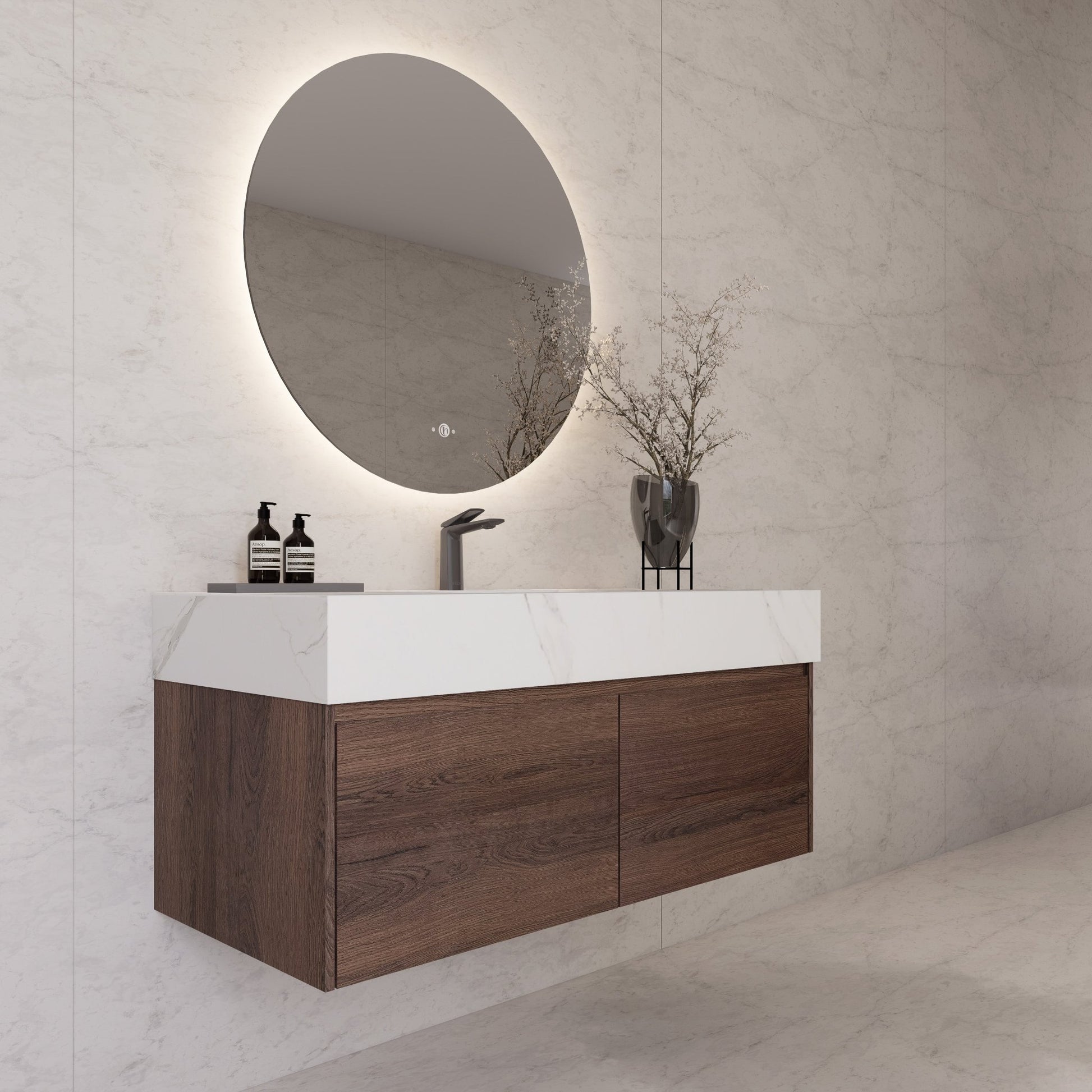 48", 60" Walnut Sintered Stone Top with Double Drawer Floating Bathroom Vanity -Vanity48"