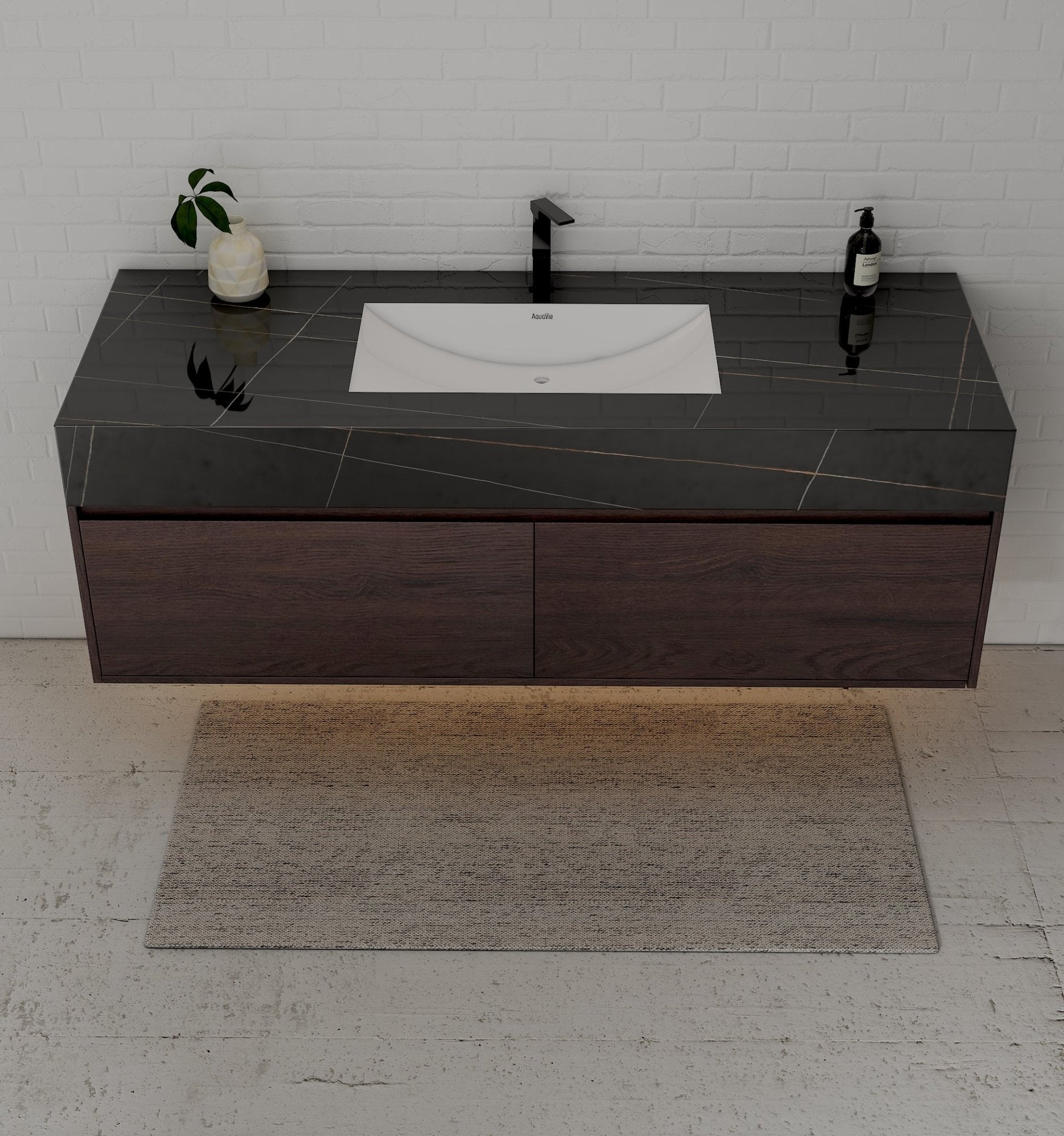 48", 60" Walnut Sintered Stone Top with Double Drawer Floating Bathroom Vanity -Vanity60"