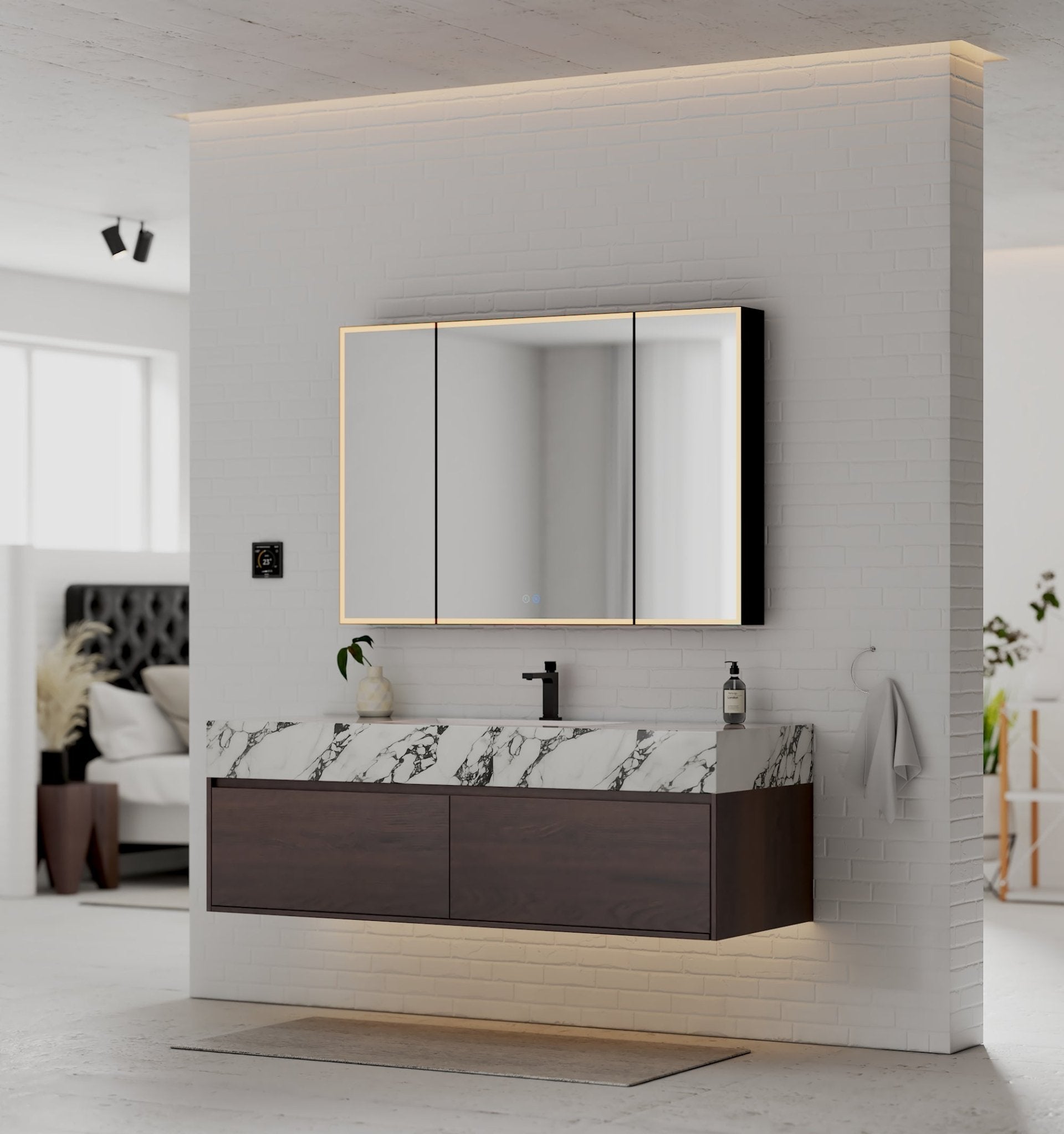48", 60" Walnut Sintered Stone Top with Double Drawer Floating Bathroom Vanity -Vanity60"