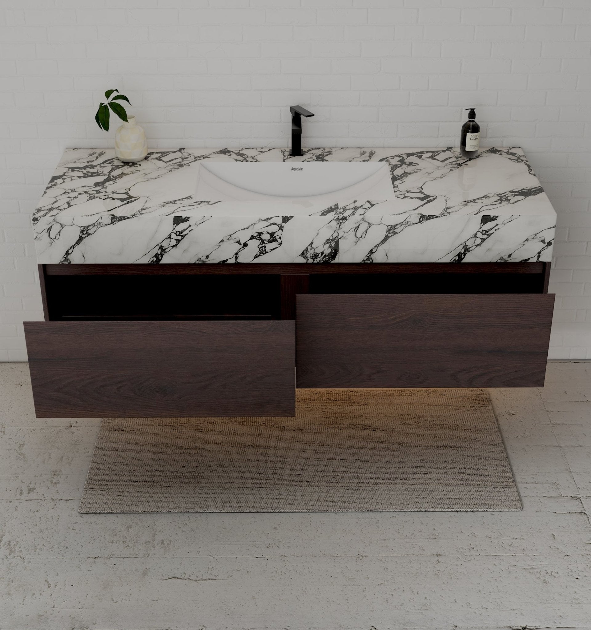 48", 60" Walnut Sintered Stone Top with Double Drawer Floating Bathroom Vanity -Vanity60"