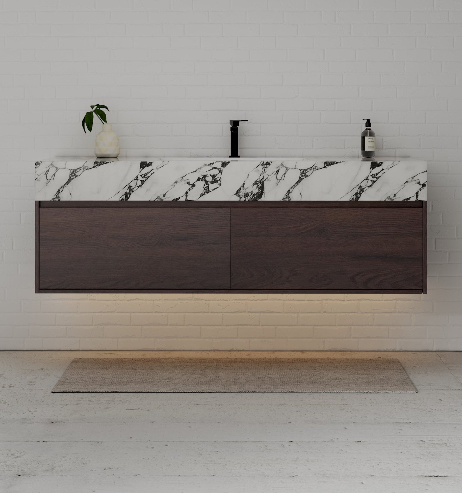 48", 60" Walnut Sintered Stone Top with Double Drawer Floating Bathroom Vanity -Vanity60"