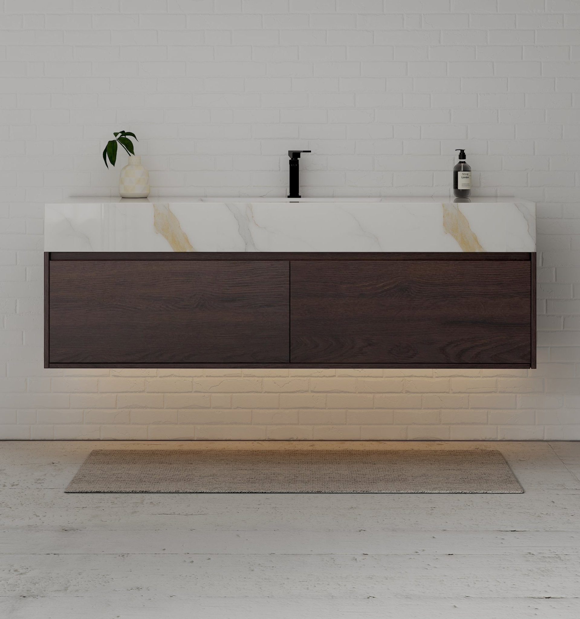 48", 60" Walnut Sintered Stone Top with Double Drawer Floating Bathroom Vanity -Vanity60"