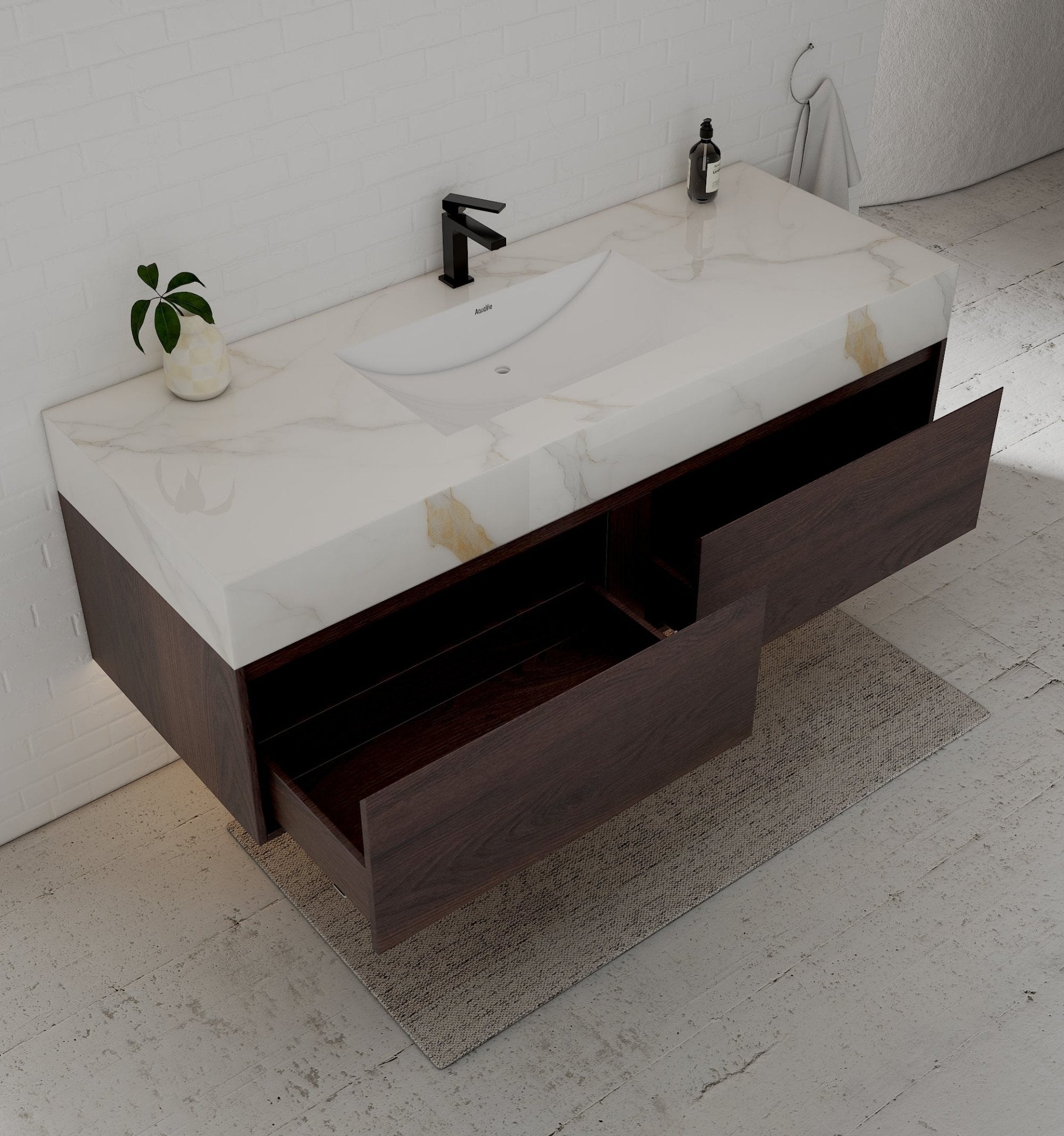 48", 60" Walnut Sintered Stone Top with Double Drawer Floating Bathroom Vanity -Vanity60"