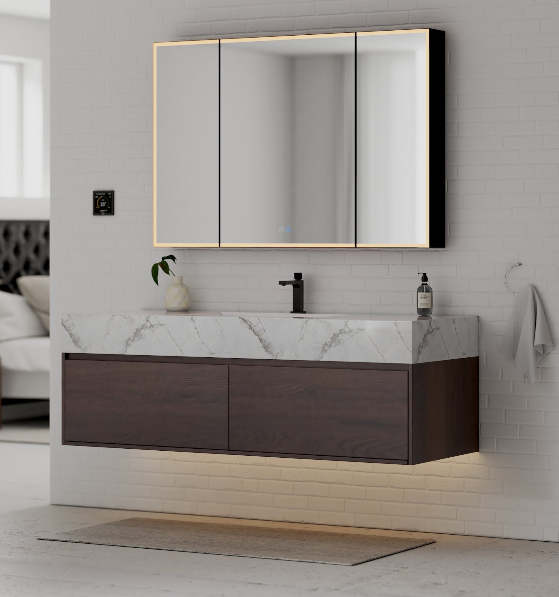 48", 60" Walnut Sintered Stone Top with Double Drawer Floating Bathroom Vanity -Vanity60"
