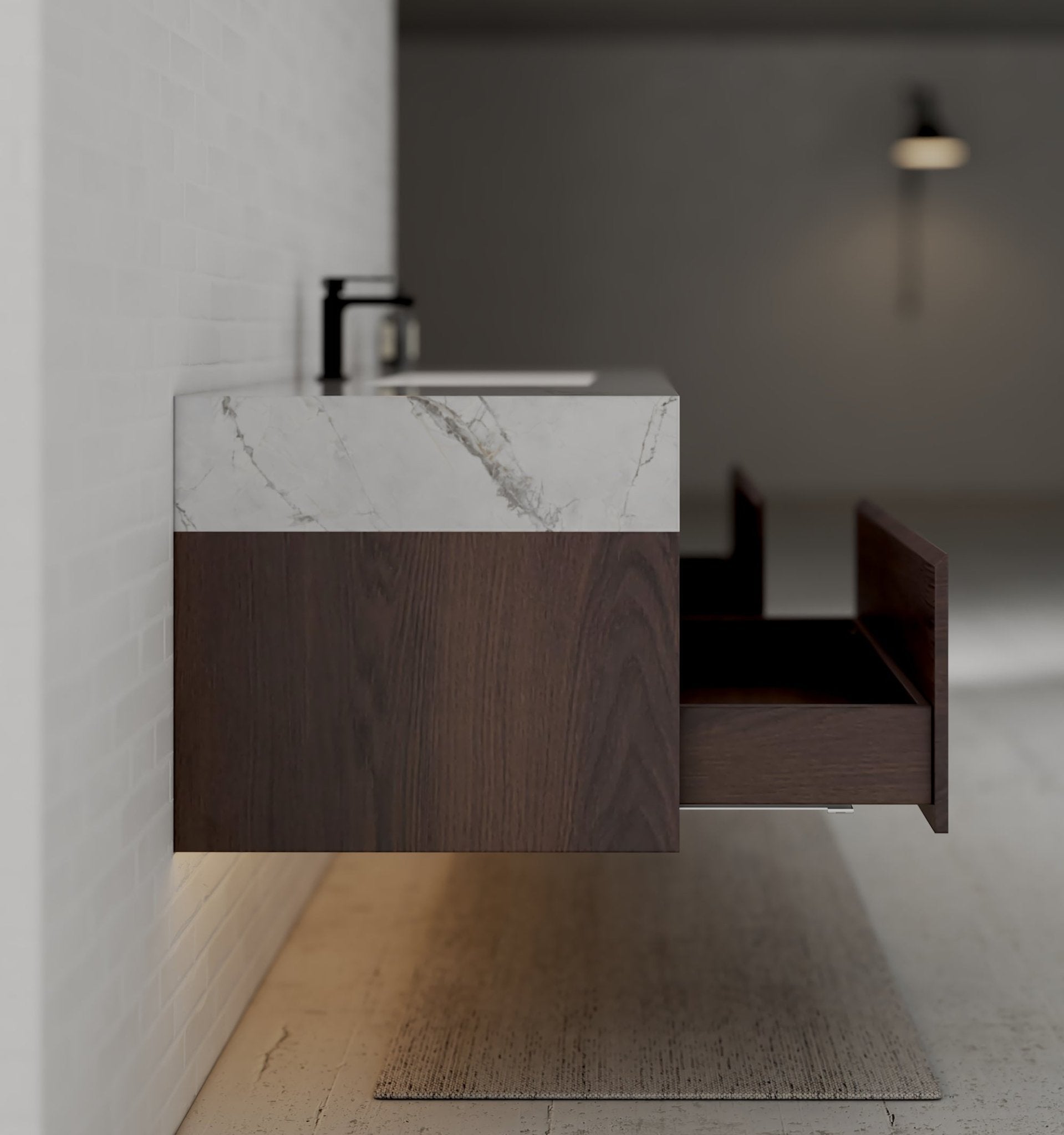 48", 60" Walnut Sintered Stone Top with Double Drawer Floating Bathroom Vanity -Vanity60"