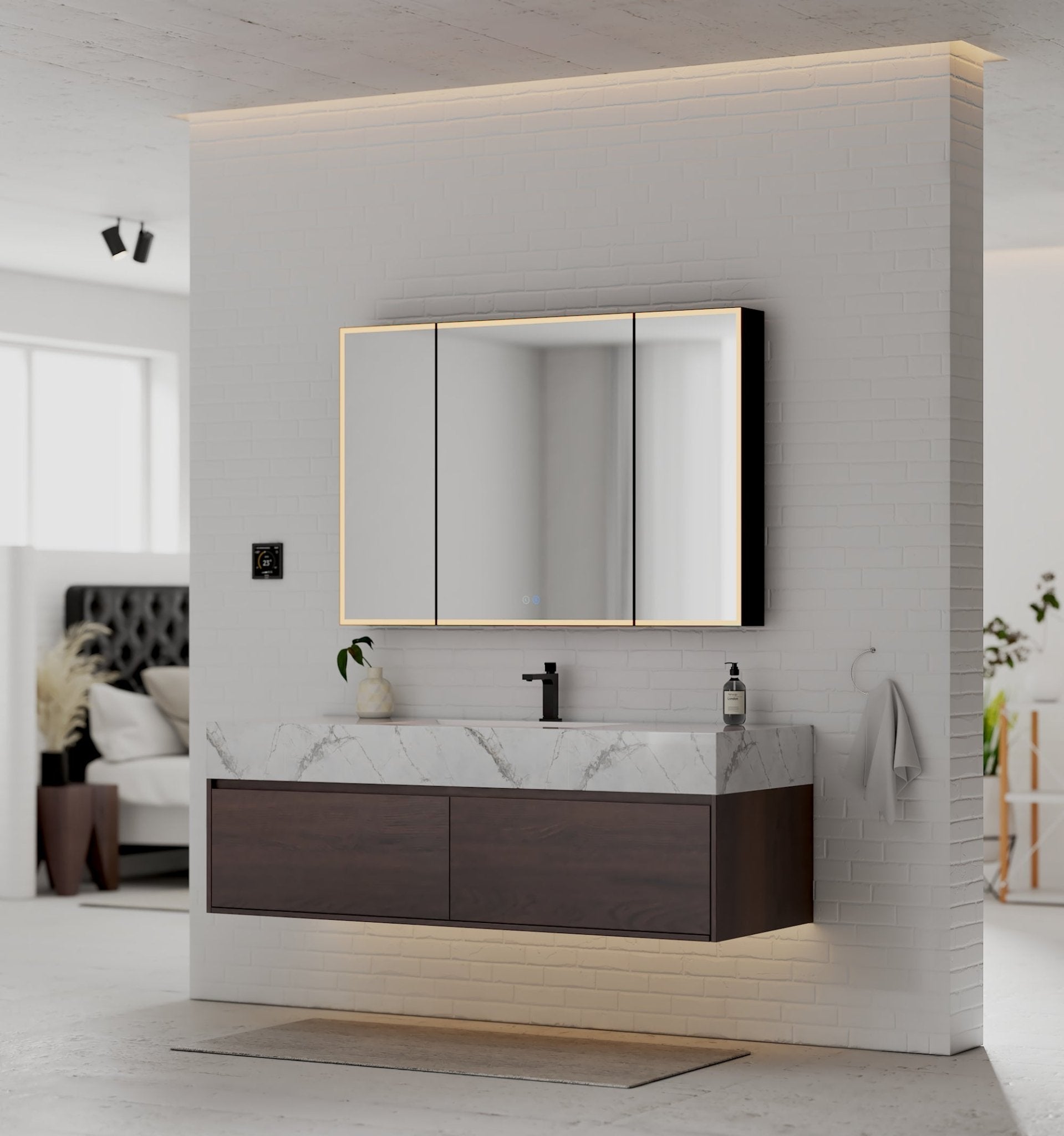 48", 60" Walnut Sintered Stone Top with Double Drawer Floating Bathroom Vanity -Vanity60"