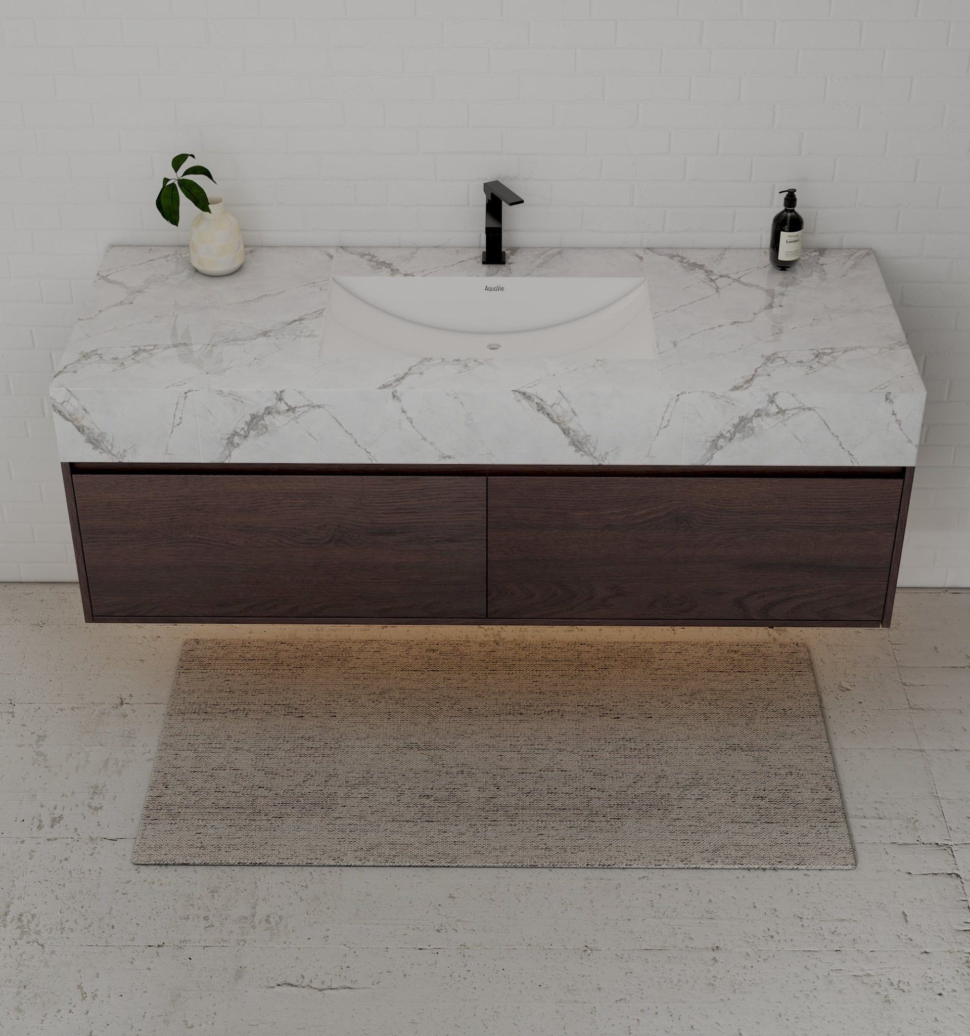48", 60" Walnut Sintered Stone Top with Double Drawer Floating Bathroom Vanity -Vanity60"